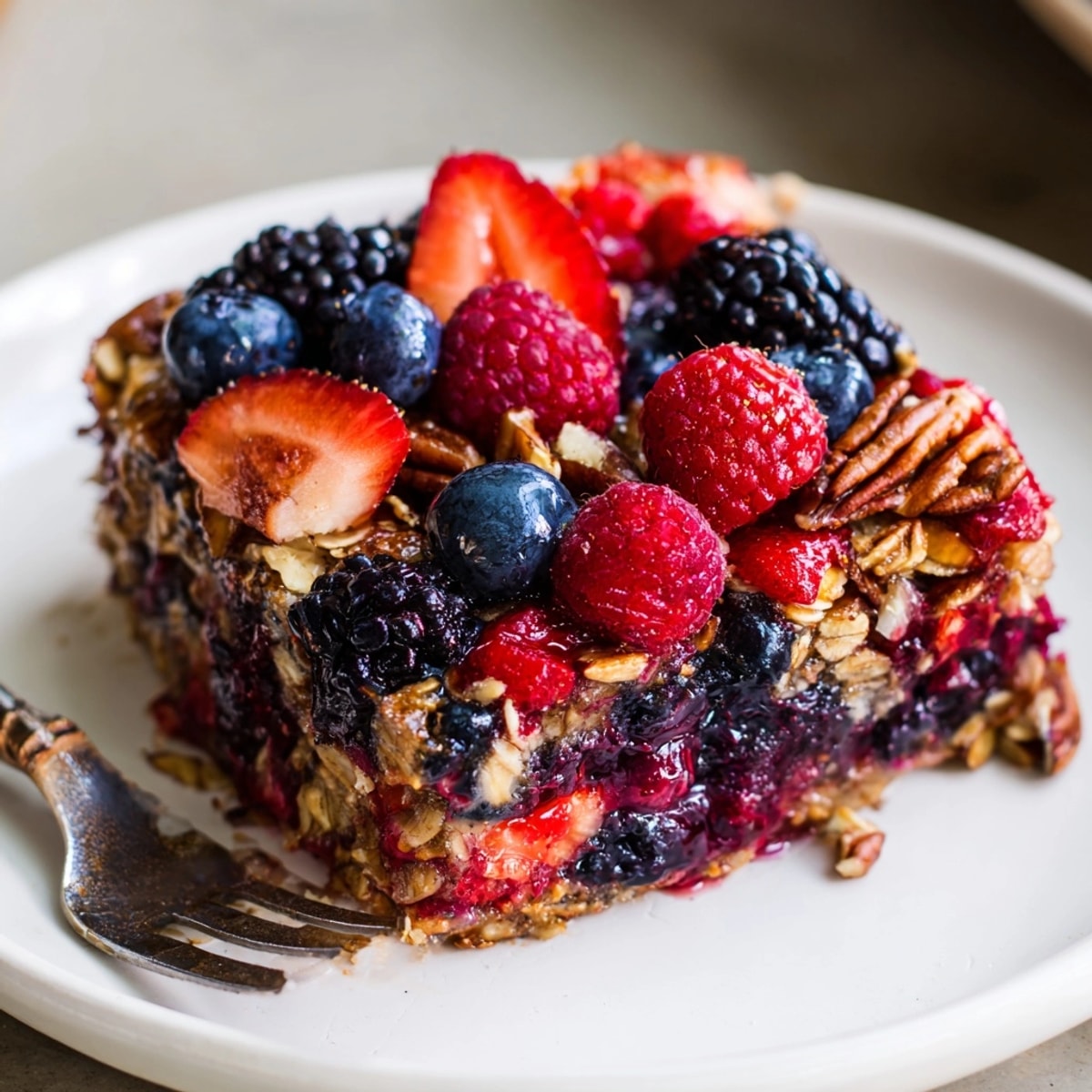 Golden Berry Oatmeal Bake, warm from the oven, topped with juicy berries, cinnamon-scented.