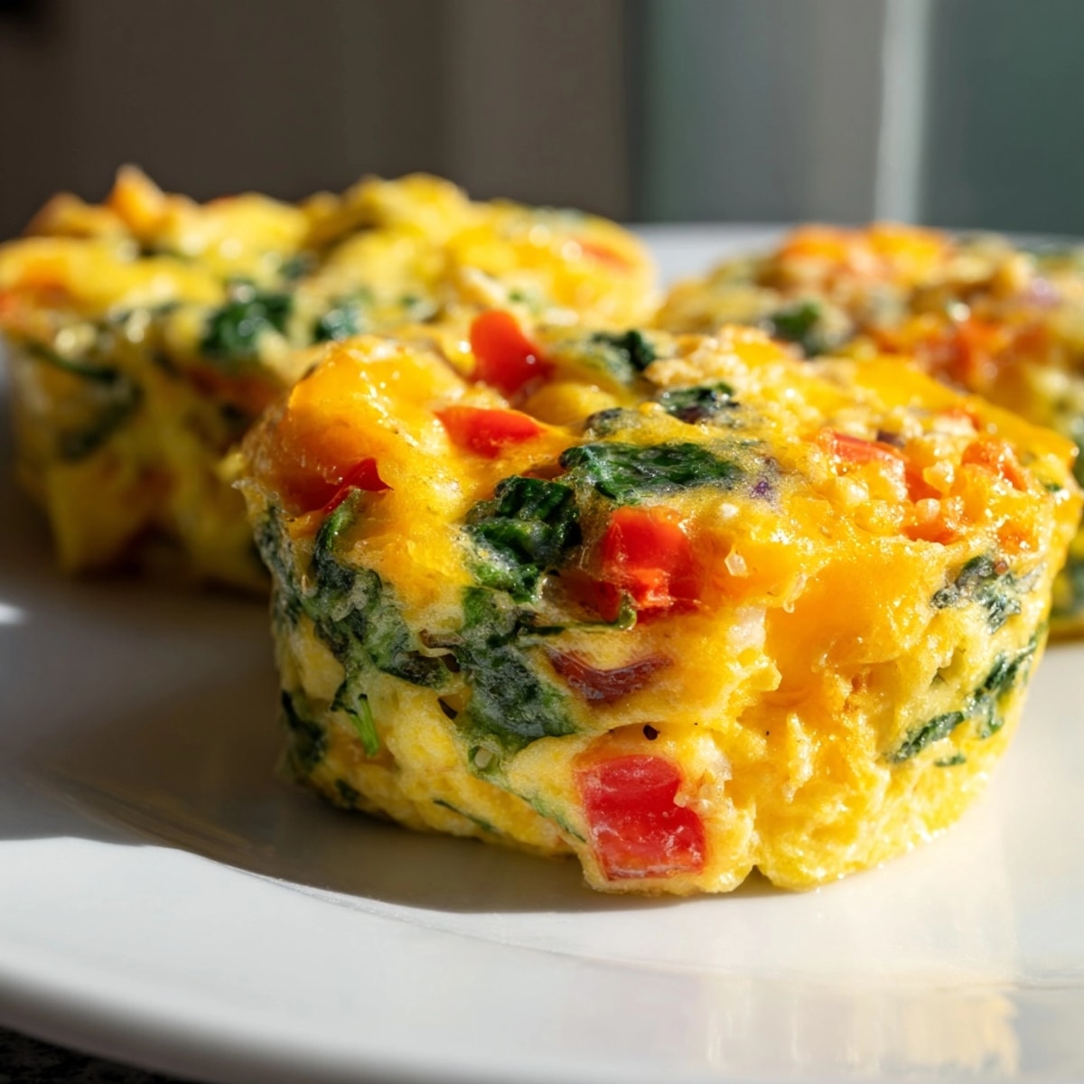 Golden-baked Protein Egg Muffins, studded with colorful vegetables; a healthy, savory breakfast.