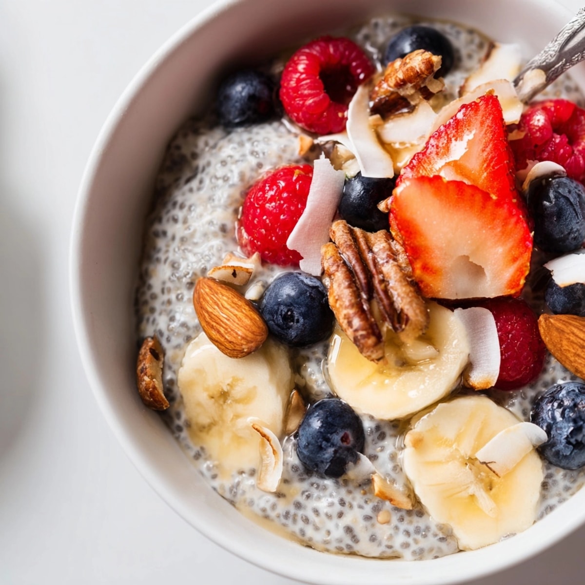 Creamy Maple Chia Breakfast Bowl, topped with juicy berries and crunchy nuts, ready to eat.