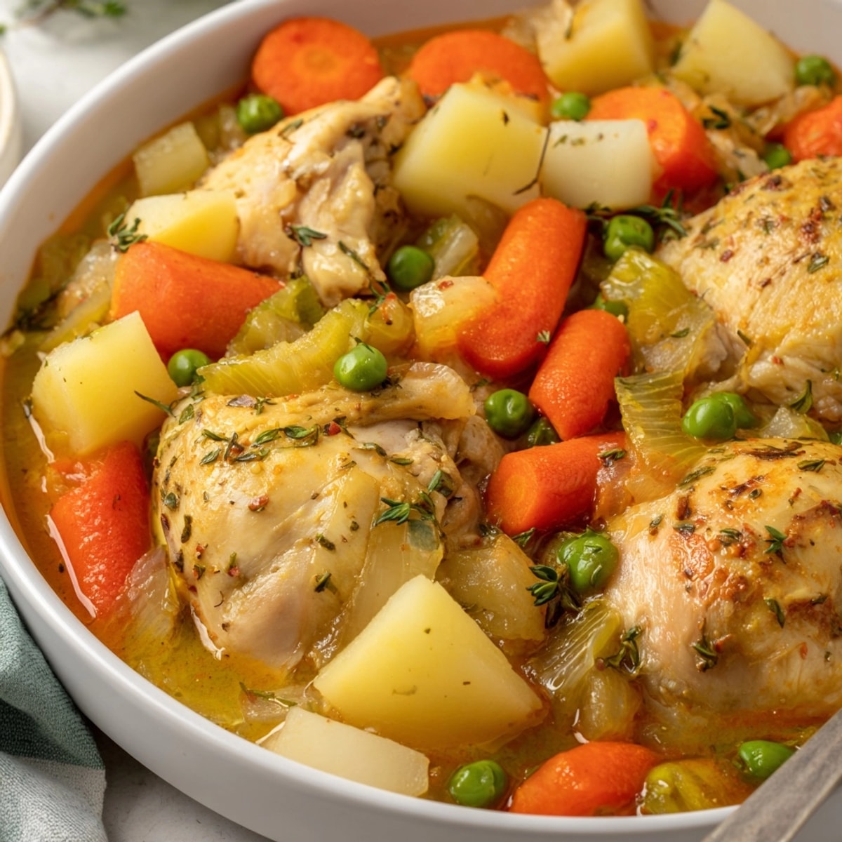 Hearty Slow Cooker Chicken Stew bubbling in a crockpot, steam carrying aromas of thyme.