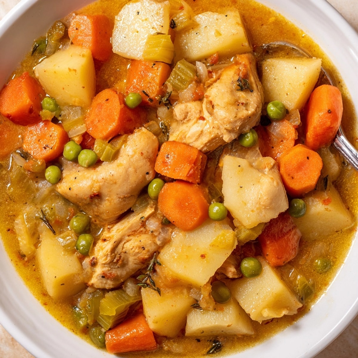 Close-up of savory Slow Cooker Chicken Stew; diced potatoes, carrots, and tender chicken.