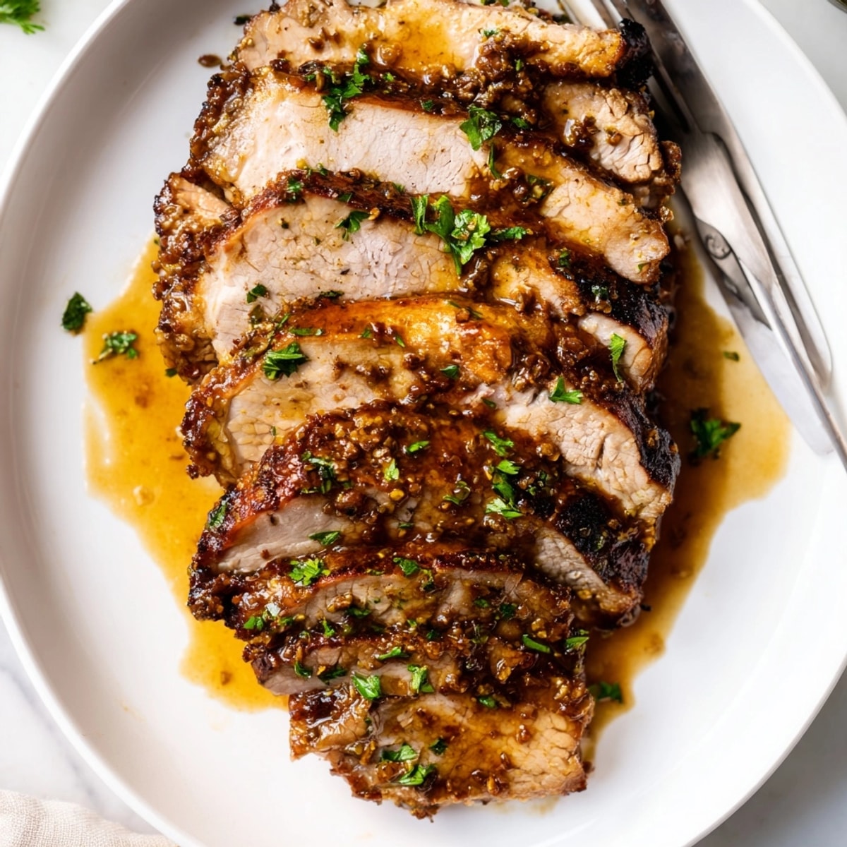 Golden Honey Garlic Pork Roast: glistening glaze, fresh parsley garnish, ready to carve.