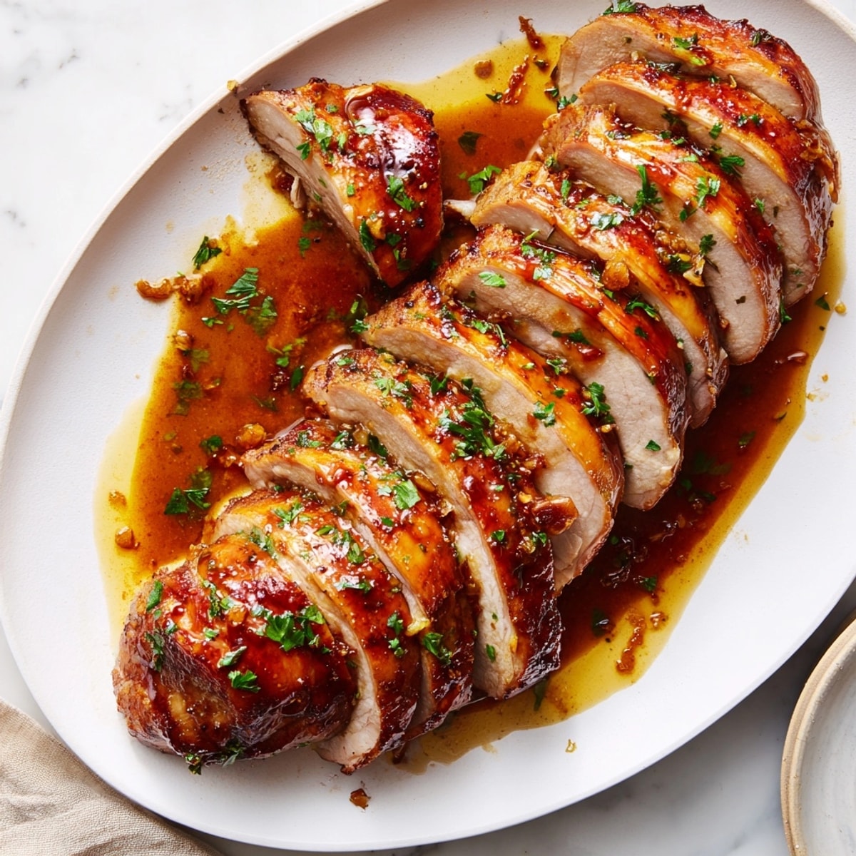 Juicy Honey Garlic Pork Roast on platter, savory aroma, oven roasted perfection served.