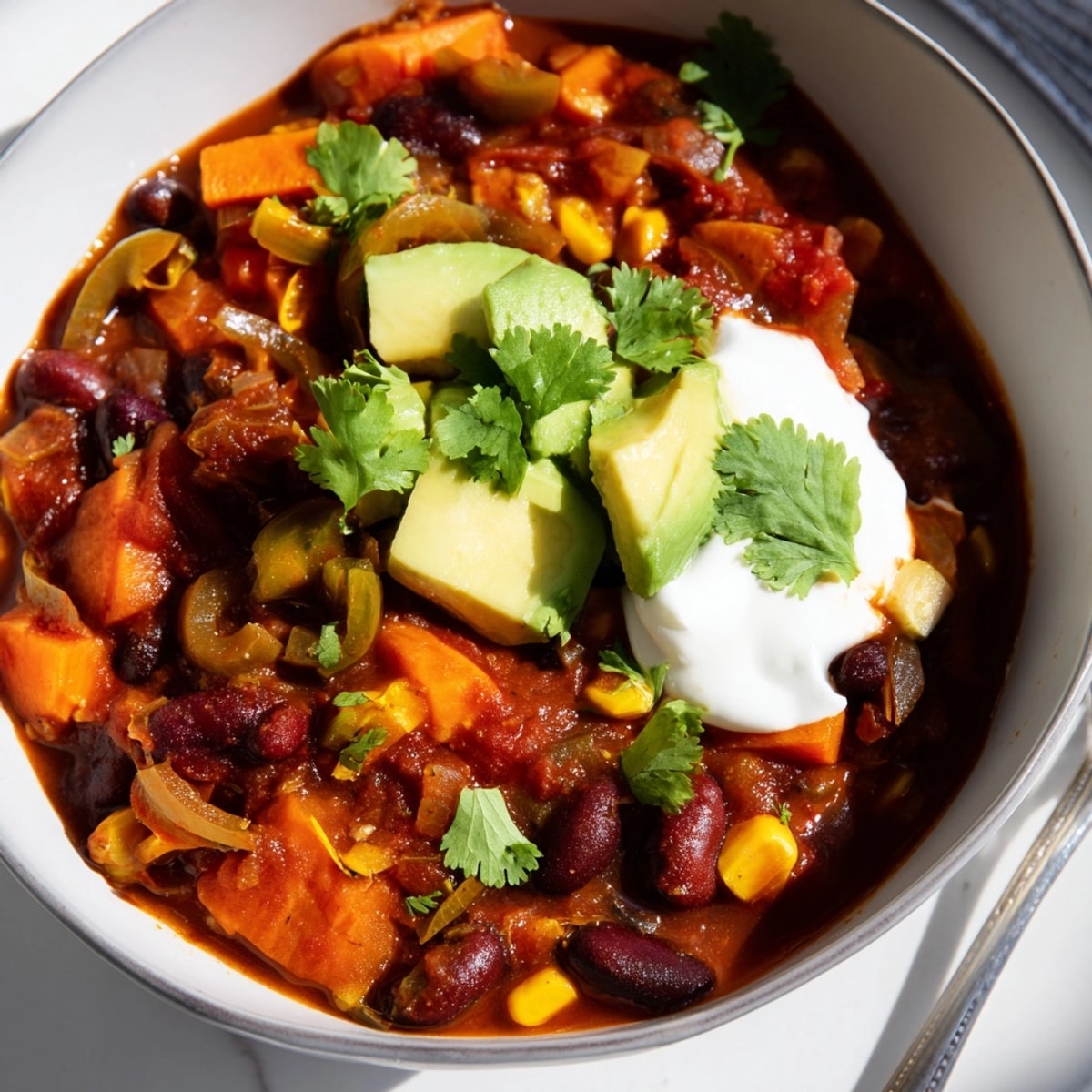 A steaming bowl of hearty Slow Cooker Veggie Chili, topped with cilantro and avocado.