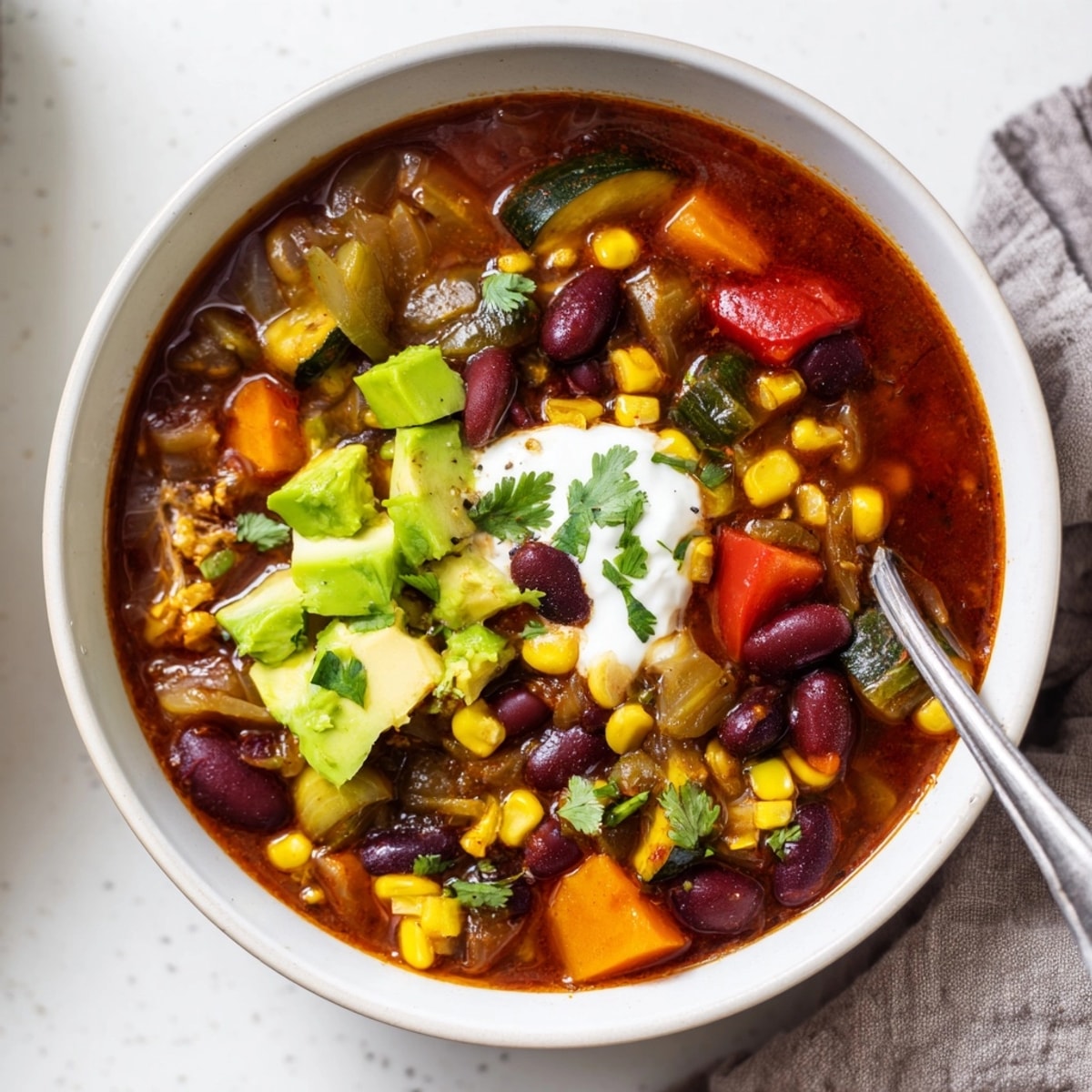 Colorful Slow Cooker Veggie Chili simmers, releasing aromas of cumin, garlic, and warming spices.