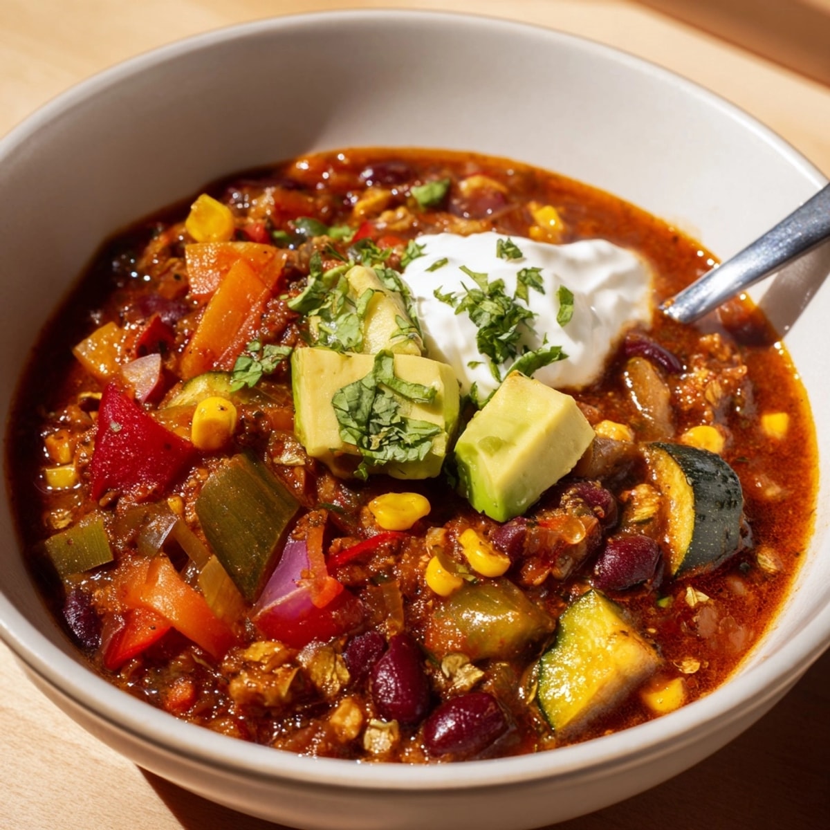 Close-up of chunky Slow Cooker Veggie Chili, revealing textures of beans and tender vegetables.