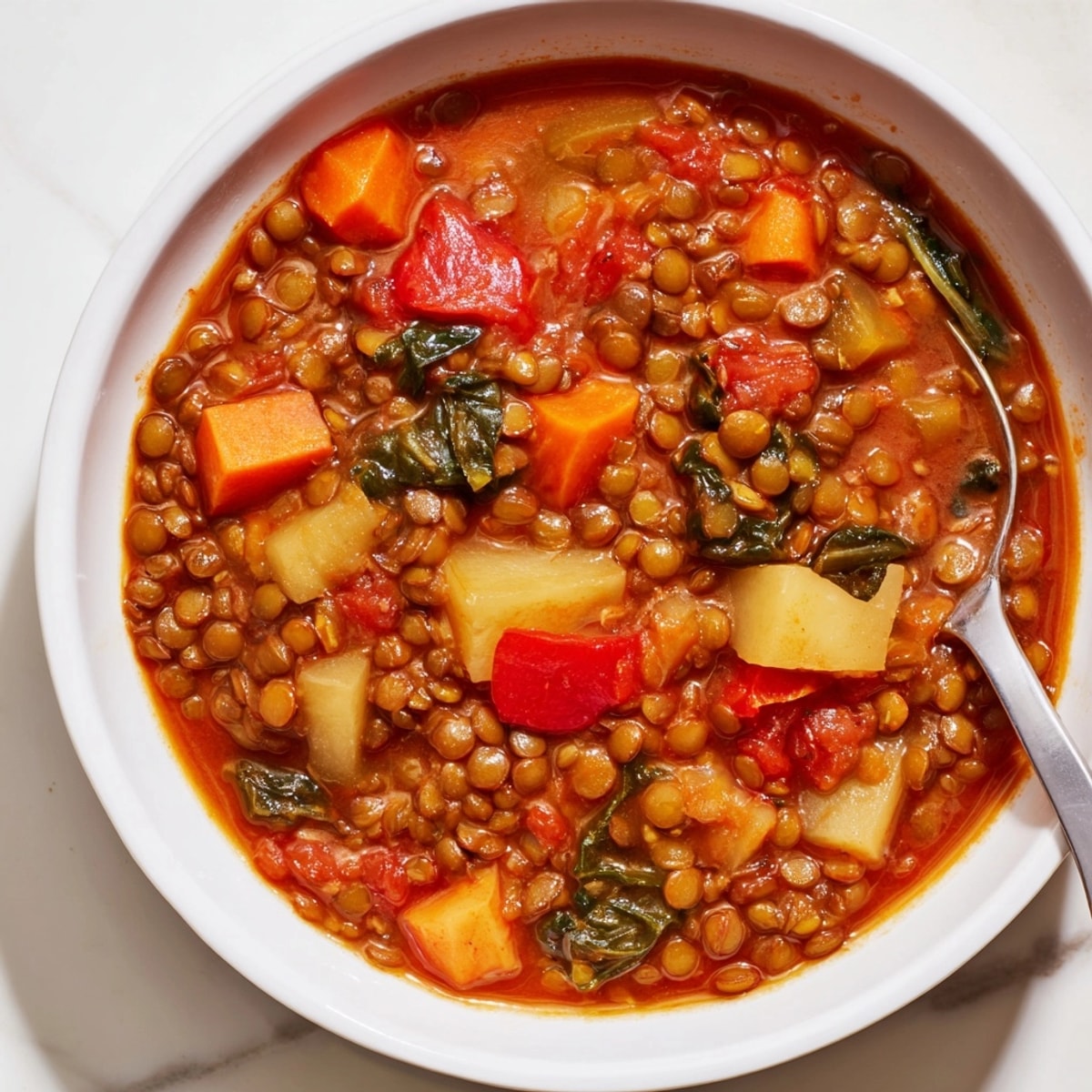 Hearty Lentil Vegetable Soup bubbling in a pot, aromatic steam rising, garnished with herbs.