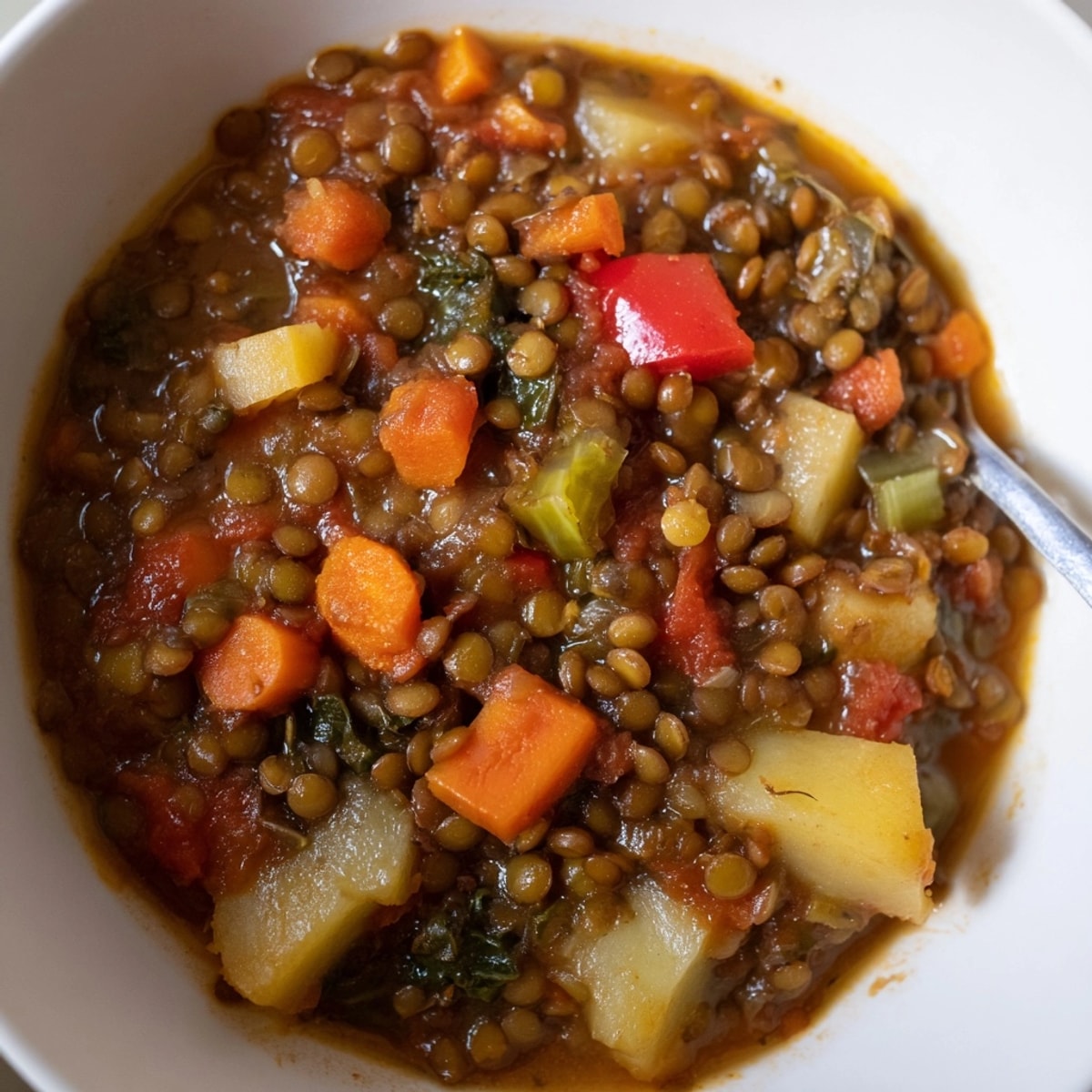 Close-up of comforting Lentil Vegetable Soup: vibrant veggies and lentils in a rich broth.