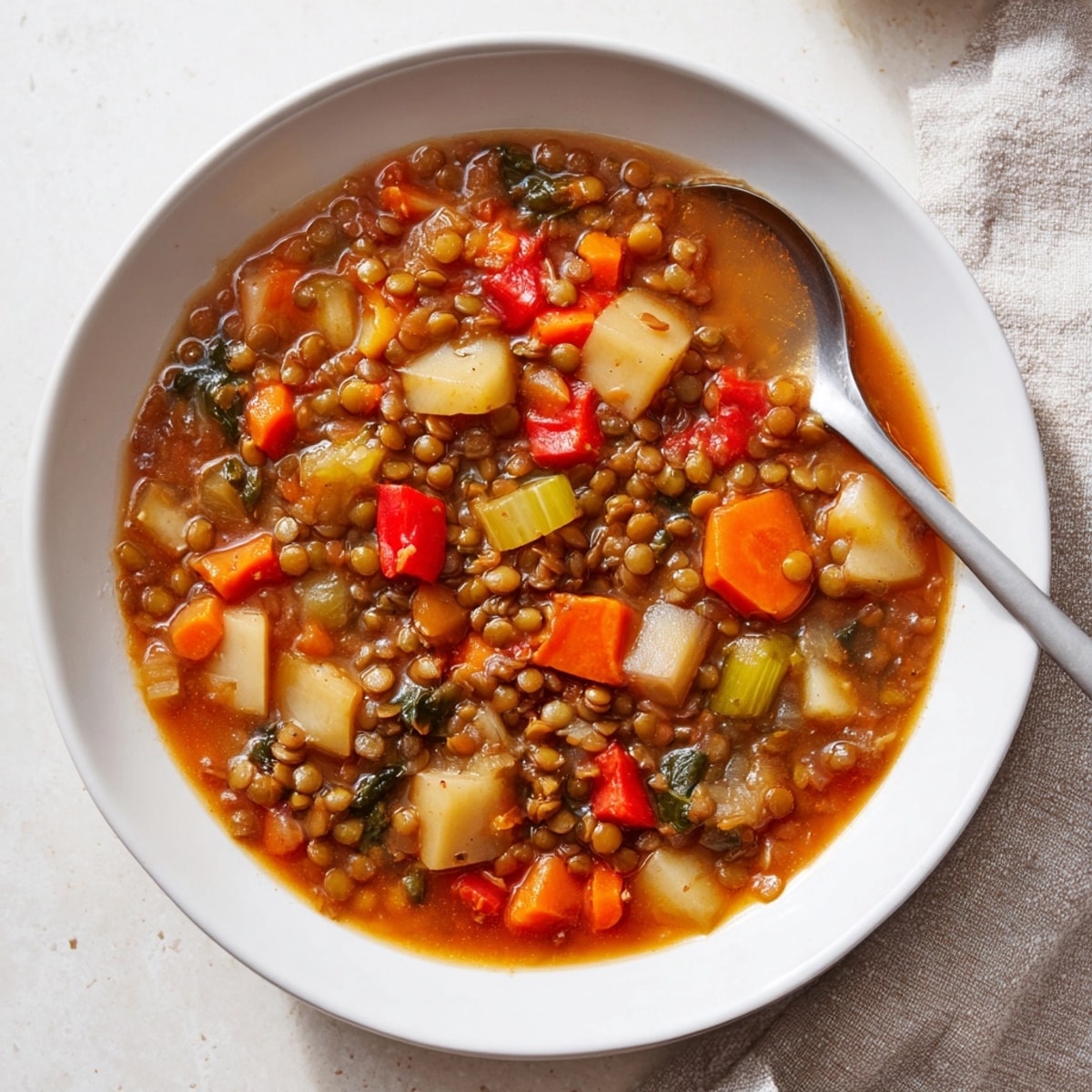 Bowl of homemade Lentil Vegetable Soup, served warm with crusty bread, ideal for lunch.