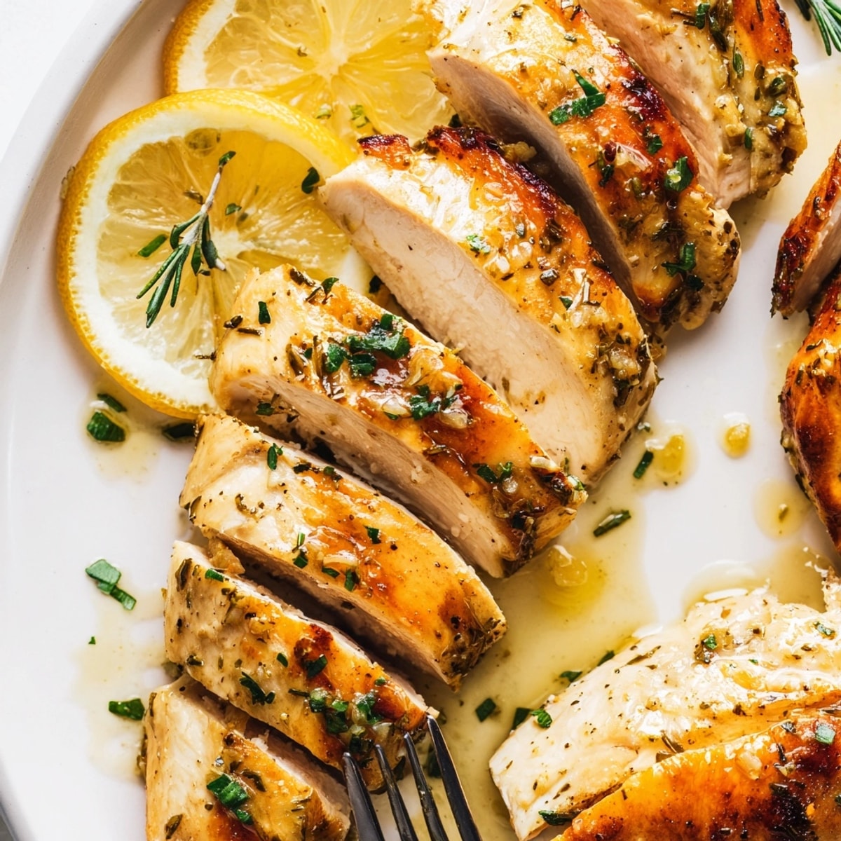 Juicy Lemon Herb Chicken, oven-baked and glistening with fresh herbs, ready to serve.