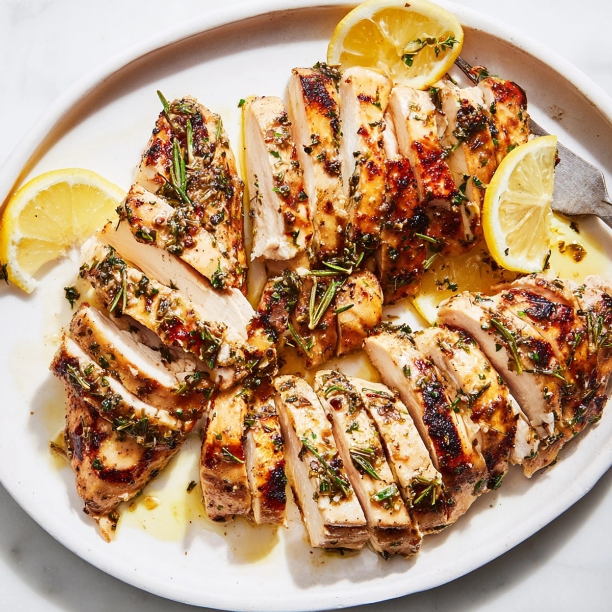 Marinated Lemon Herb Chicken recipe: tender, baked breasts with vibrant lemon slices.