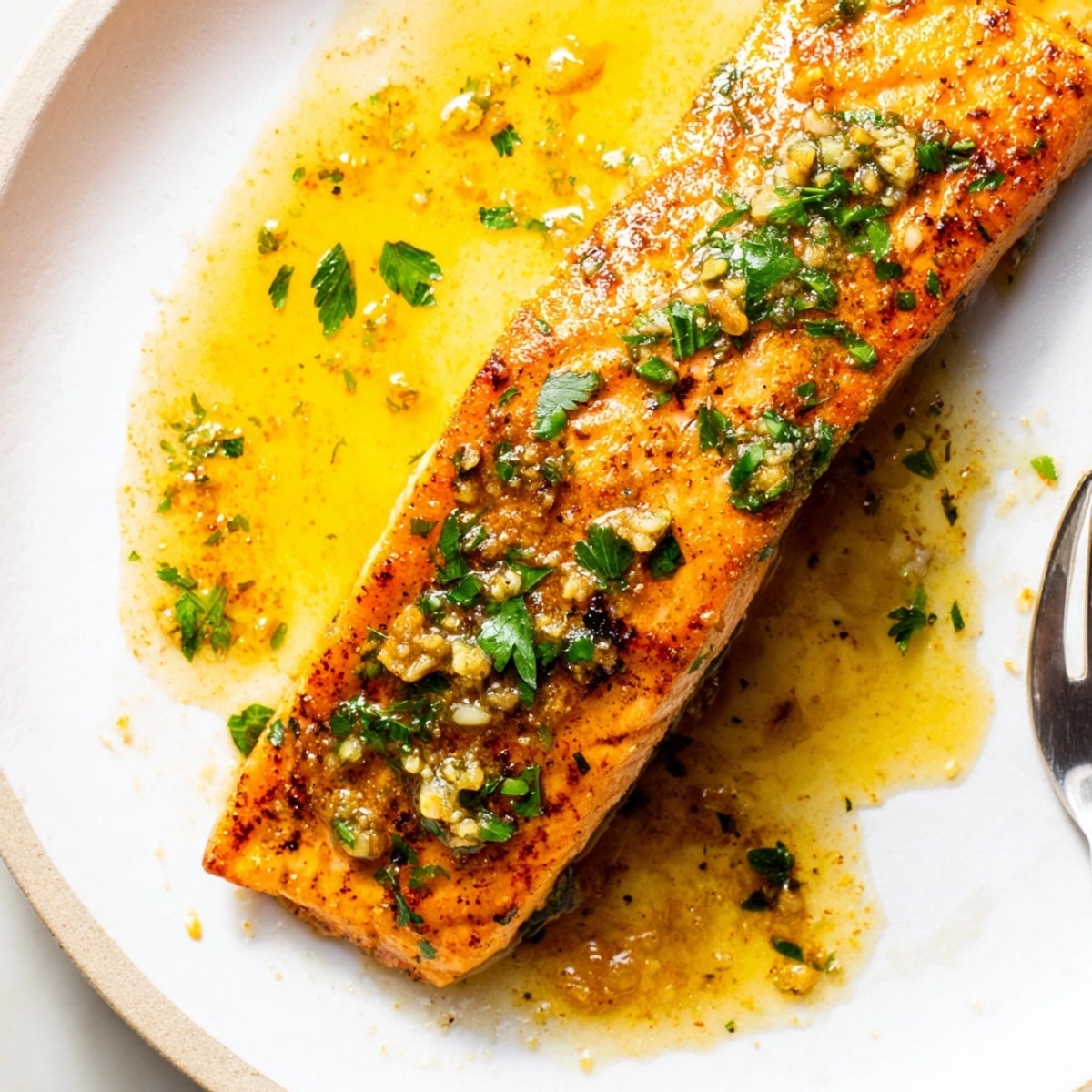 Golden pan-seared Garlic Butter Salmon with glistening sauce, ready for weeknight dinner.
