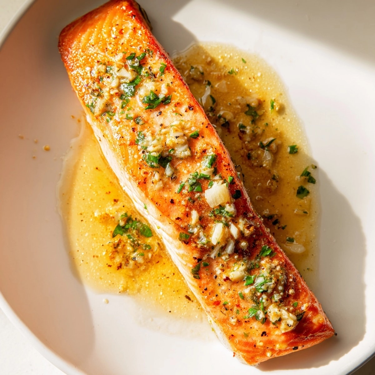 Easy Garlic Butter Salmon shown served with bright green asparagus and lemon wedges.