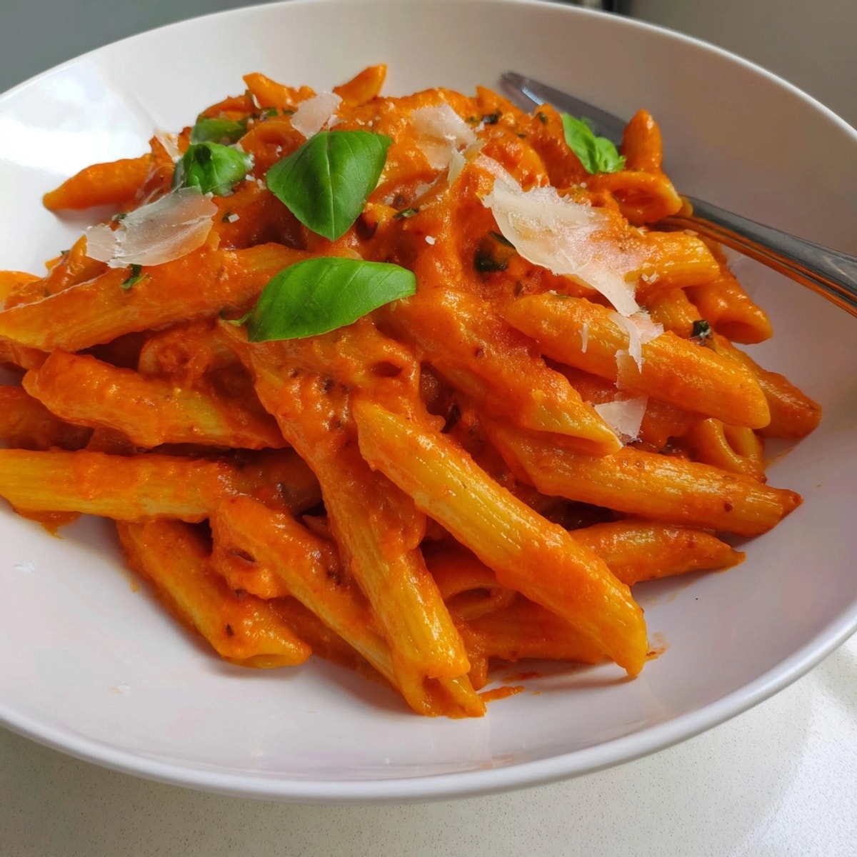 Bowl of Creamy Tomato Pasta glistening under fresh basil, ready for a comforting slurp.