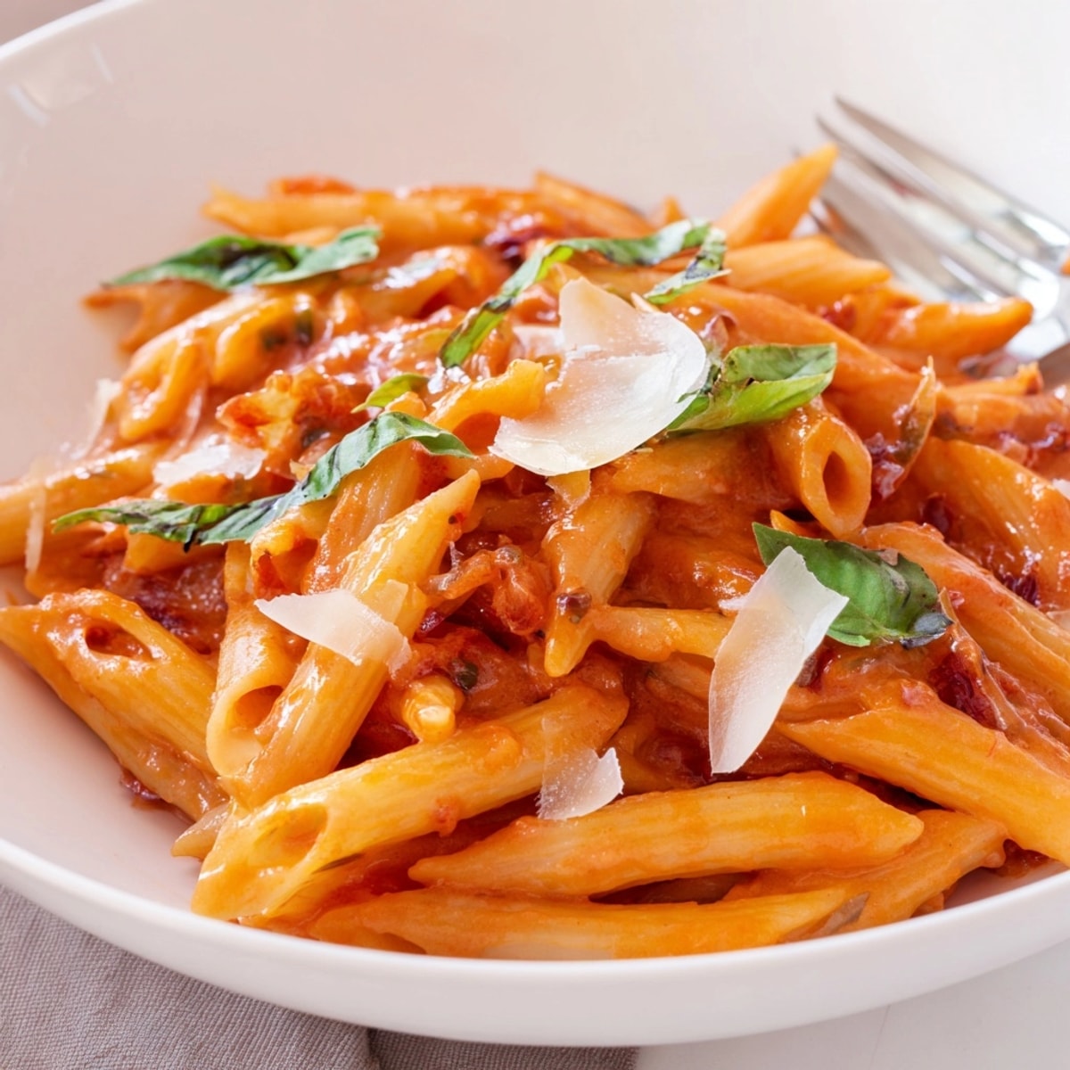 Overhead view of Creamy Tomato Pasta, a cheesy, vibrant Italian main dish.
