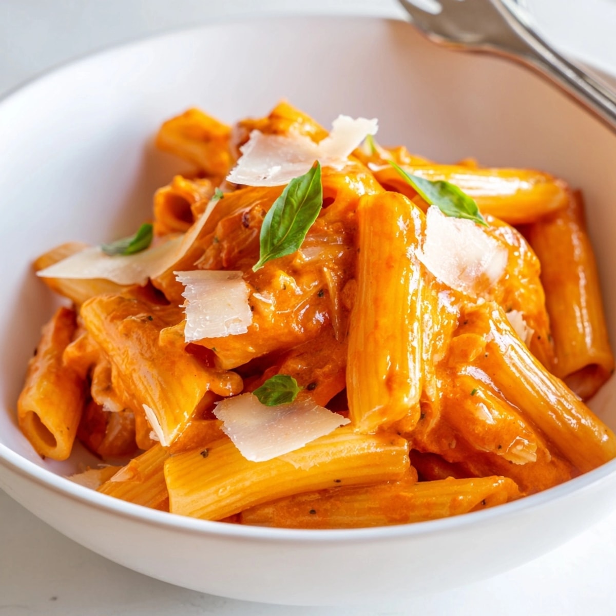 Steaming Creamy Tomato Pasta, swirled in a rich, decadent crimson sauce with parmesan sprinkles.