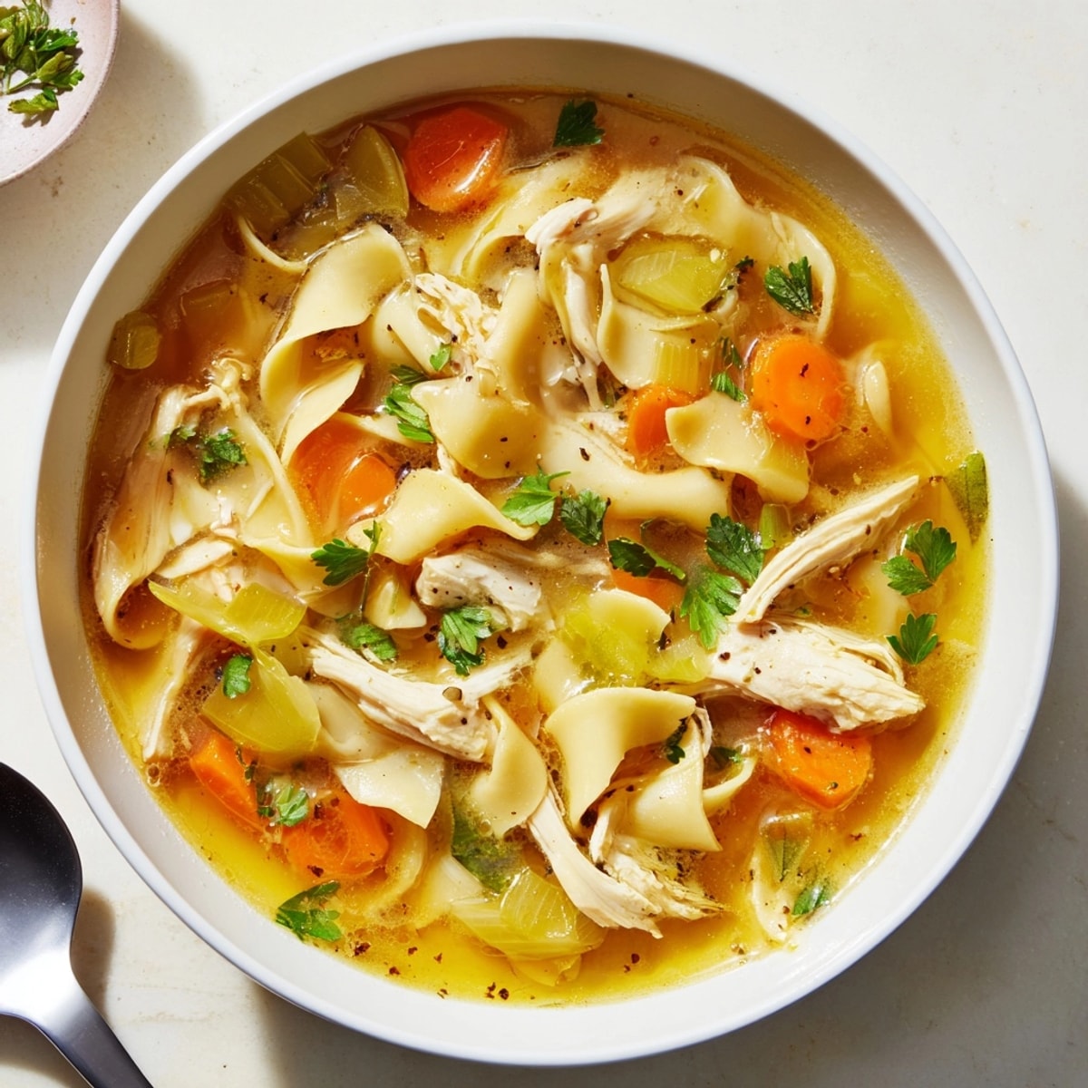 Steaming bowl of homemade Chicken Noodle Soup, golden broth with carrots and herbs.