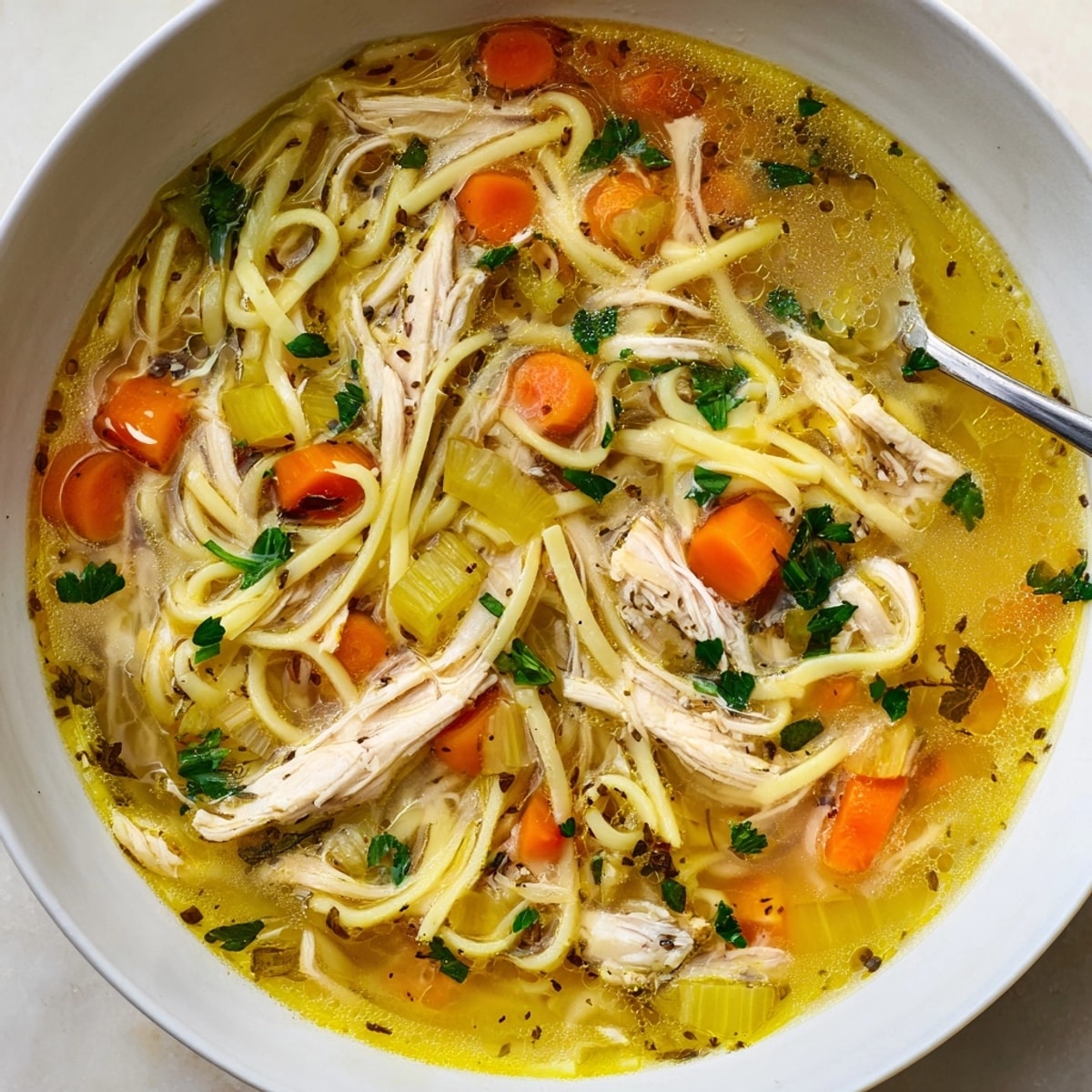 Close-up of comforting Chicken Noodle Soup with soft noodles and shredded chicken.