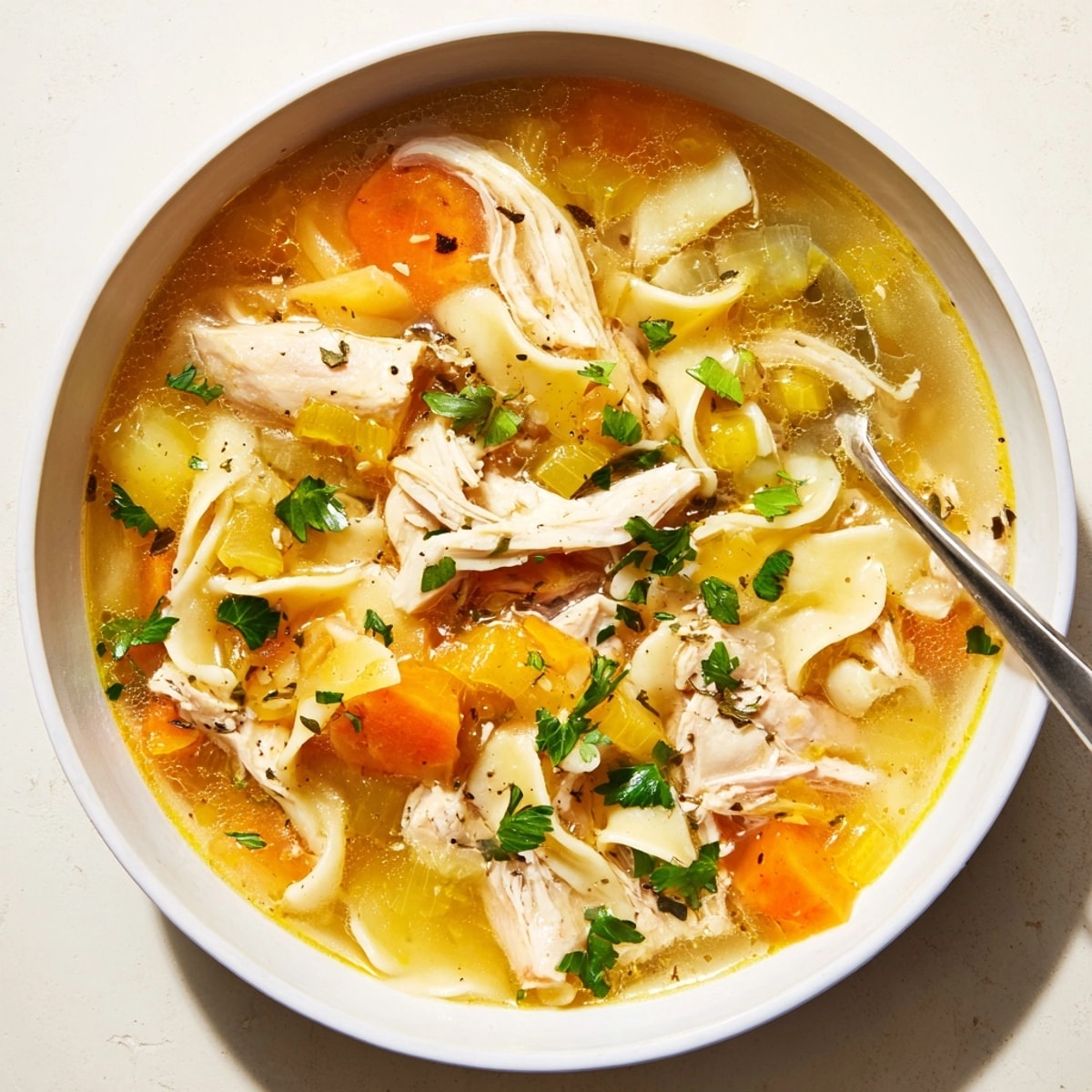 Classic, rich Chicken Noodle Soup recipe, garnished with parsley, ready to warm you up.