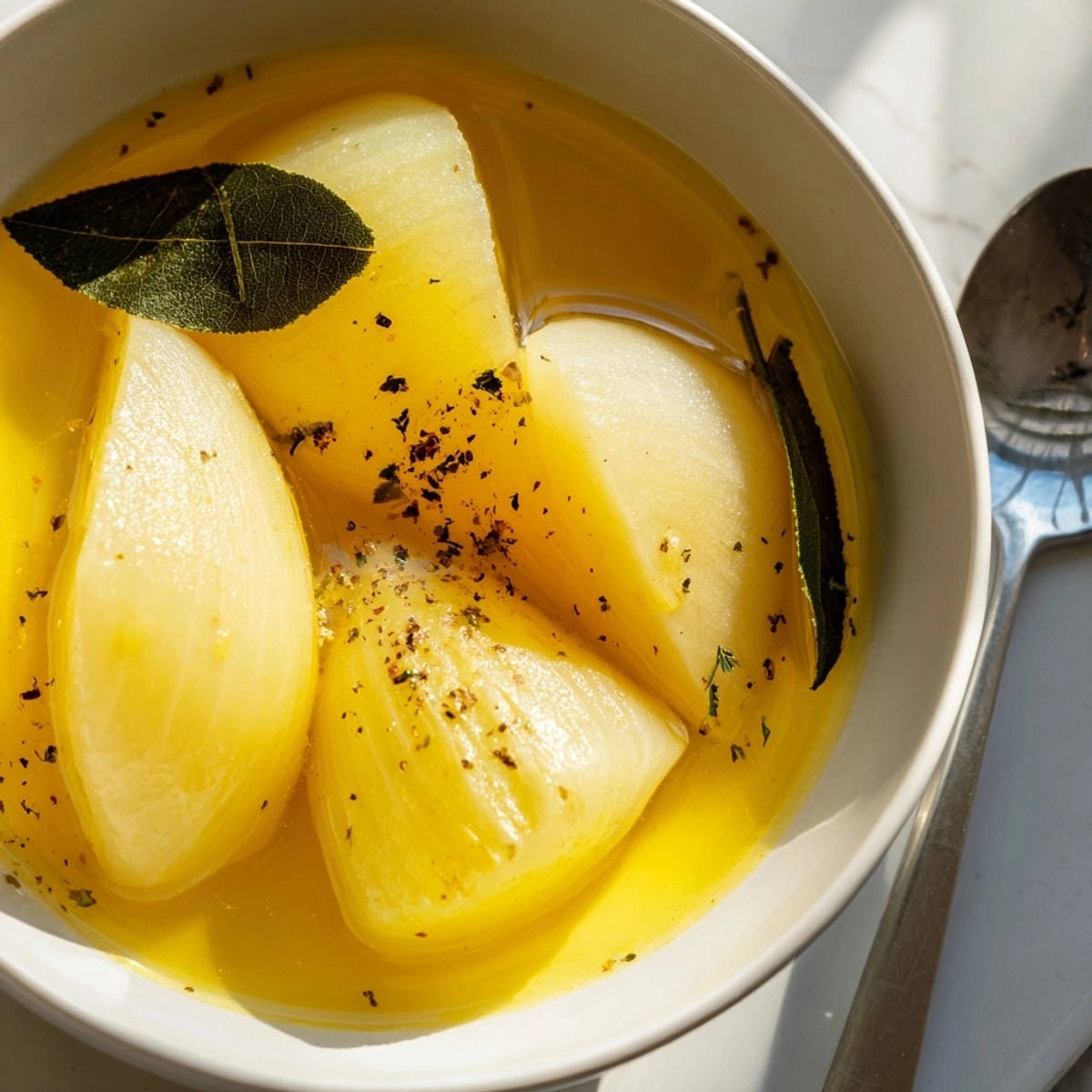 Bowl of steaming Onion Boil, with tender quartered vegetables and fresh parsley.