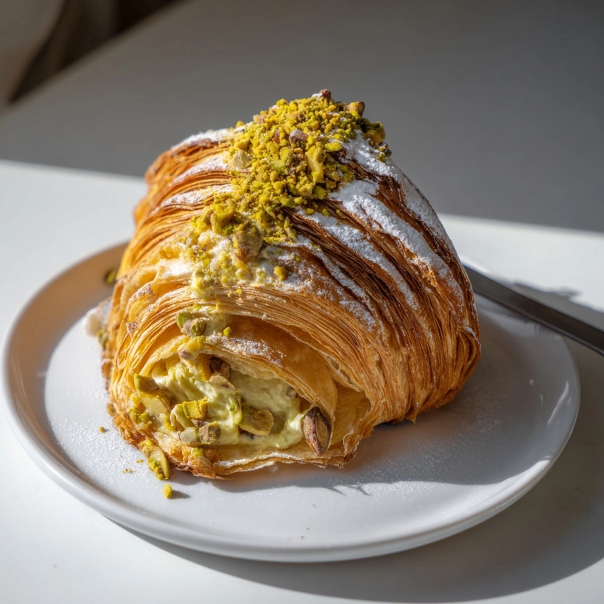 Flaky pistachio croissant recipe with rich, homemade pistachio cream and crunchy chopped nut topping.