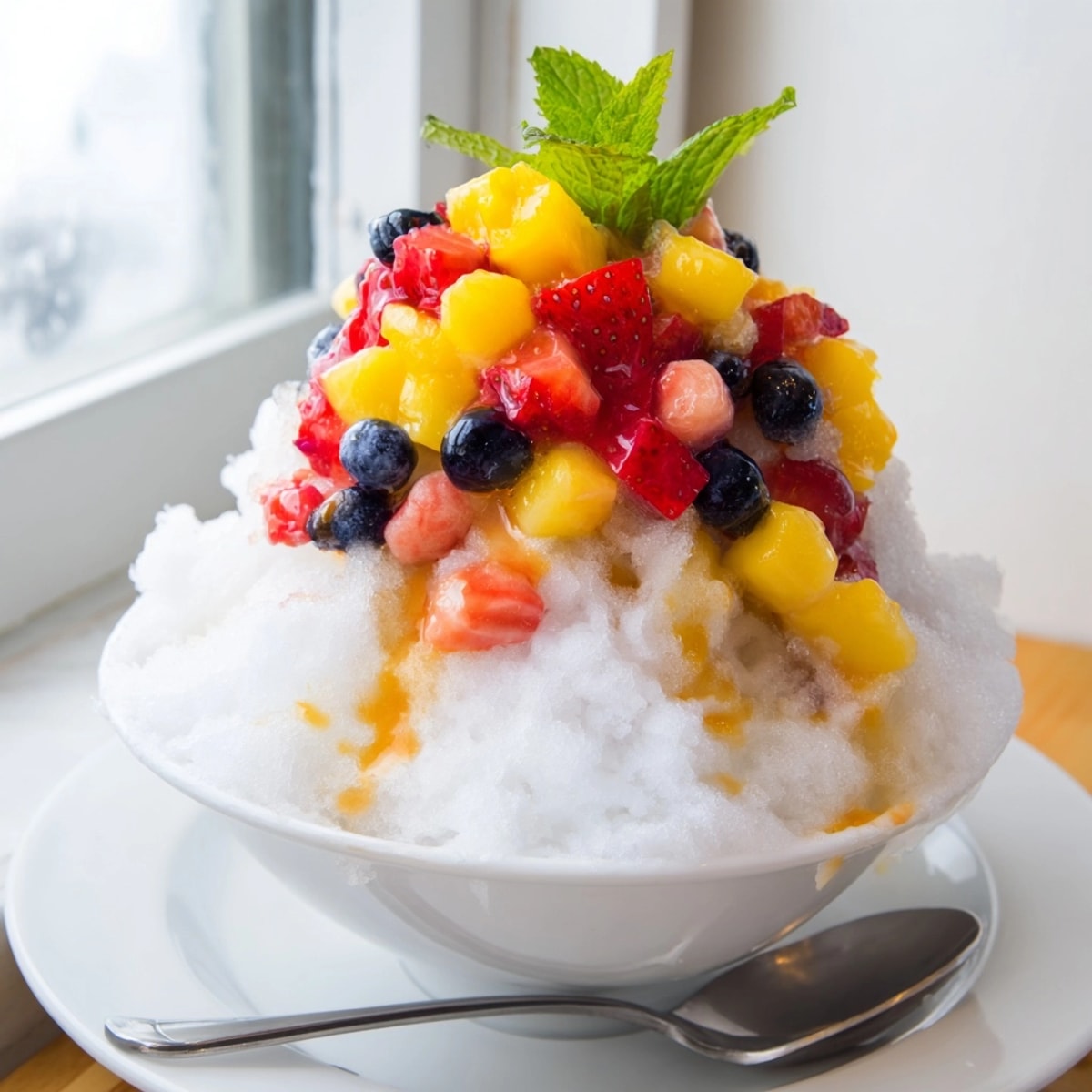 Vibrant Frozen Fruit Shaved Ice dessert: Sweet mixed berries and mango atop fluffy ice crystals.