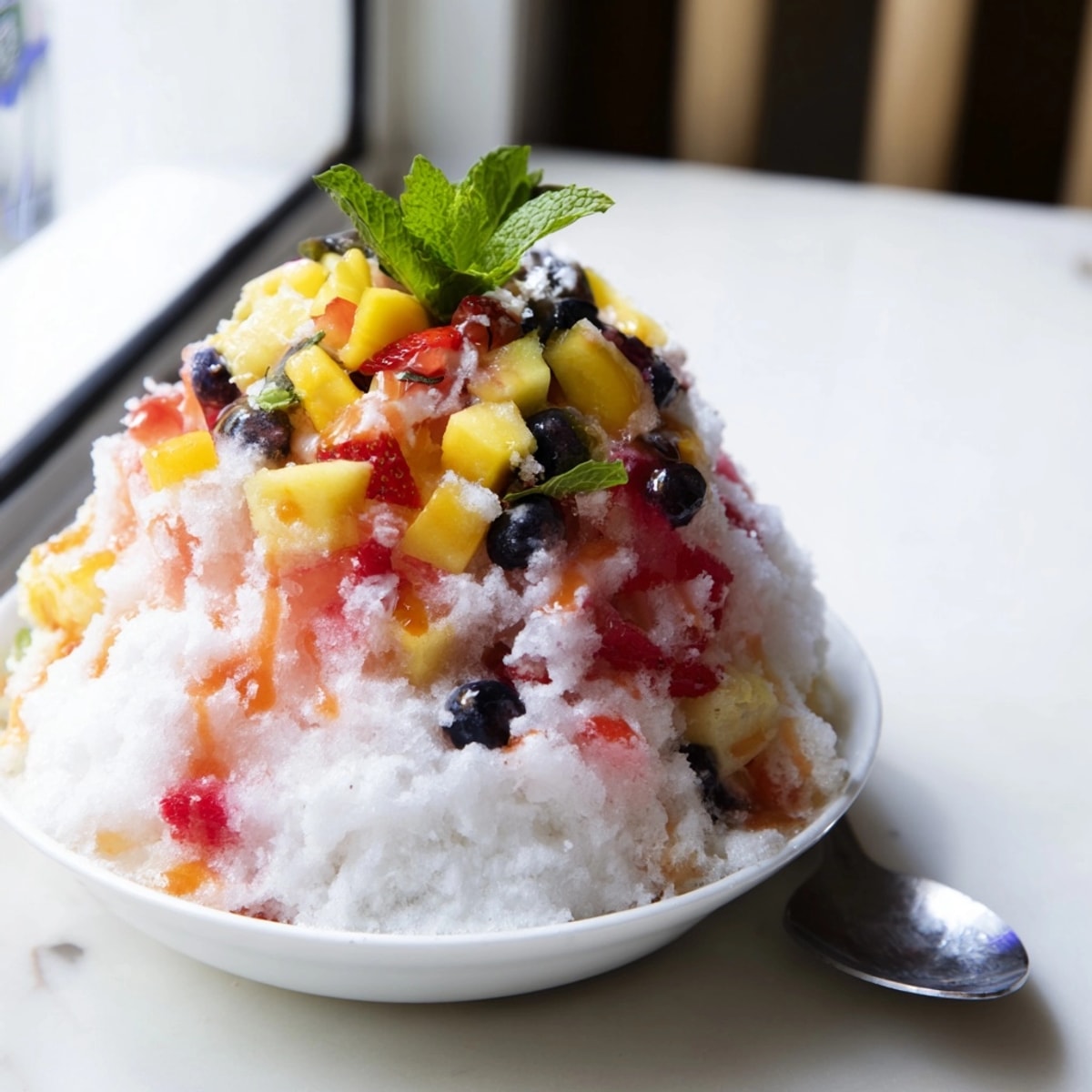 Homemade Frozen Fruit Shaved Ice recipe: A refreshing snowy treat drizzled with sweet syrup.