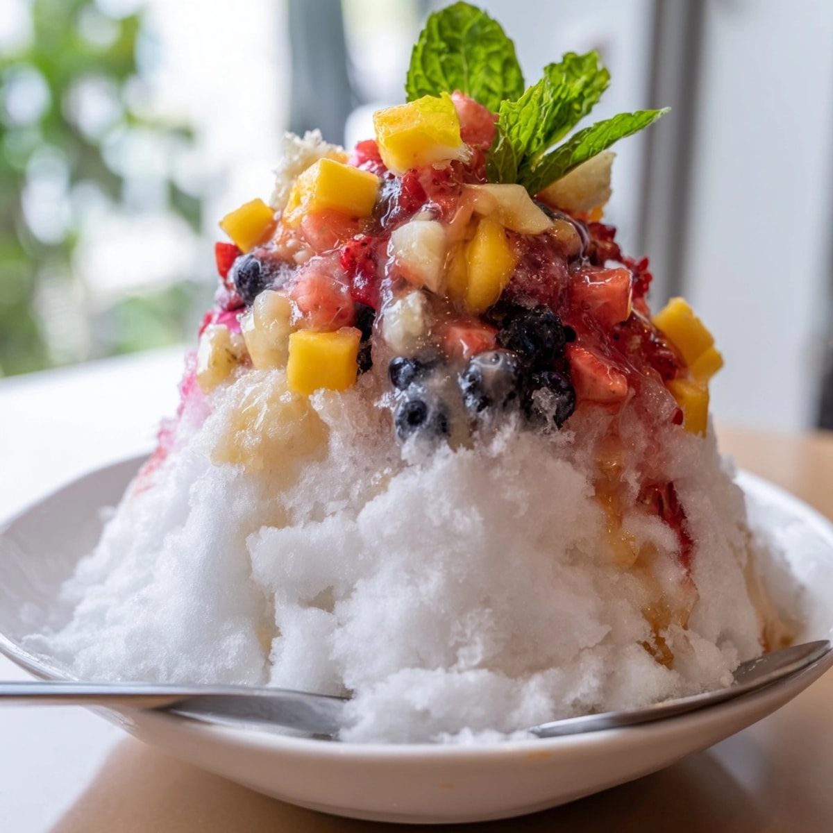 Close-up of vegan Frozen Fruit Shaved Ice, a colorful and icy summer dessert.