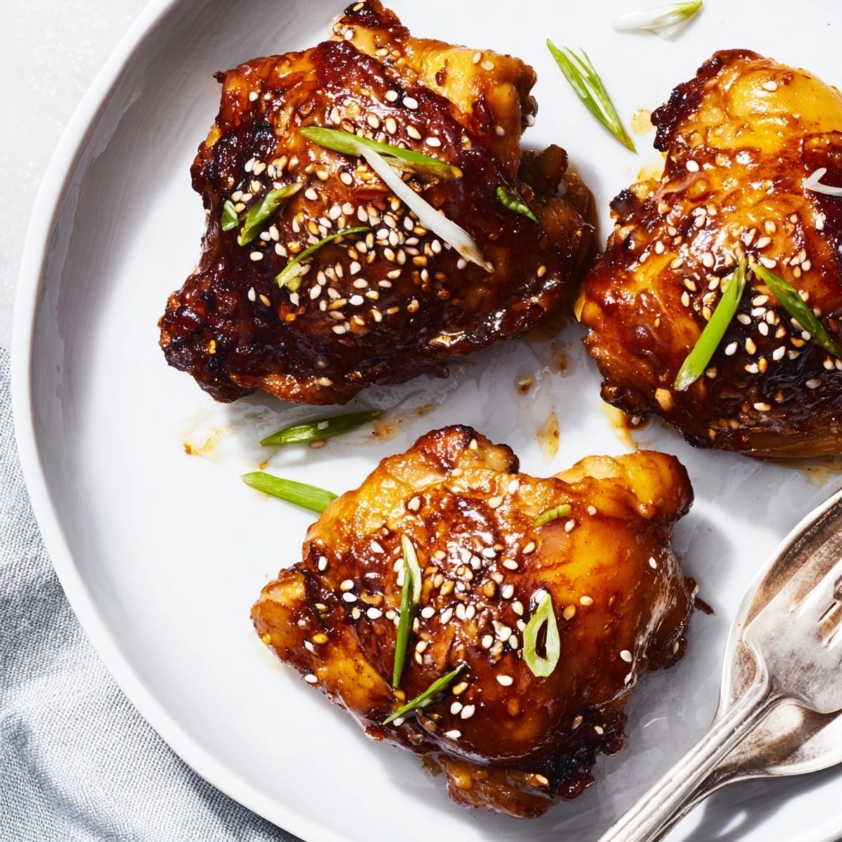 Maple-Miso Chicken: Juicy thighs with a deeply caramelized glaze, garnished with sesame and scallions.