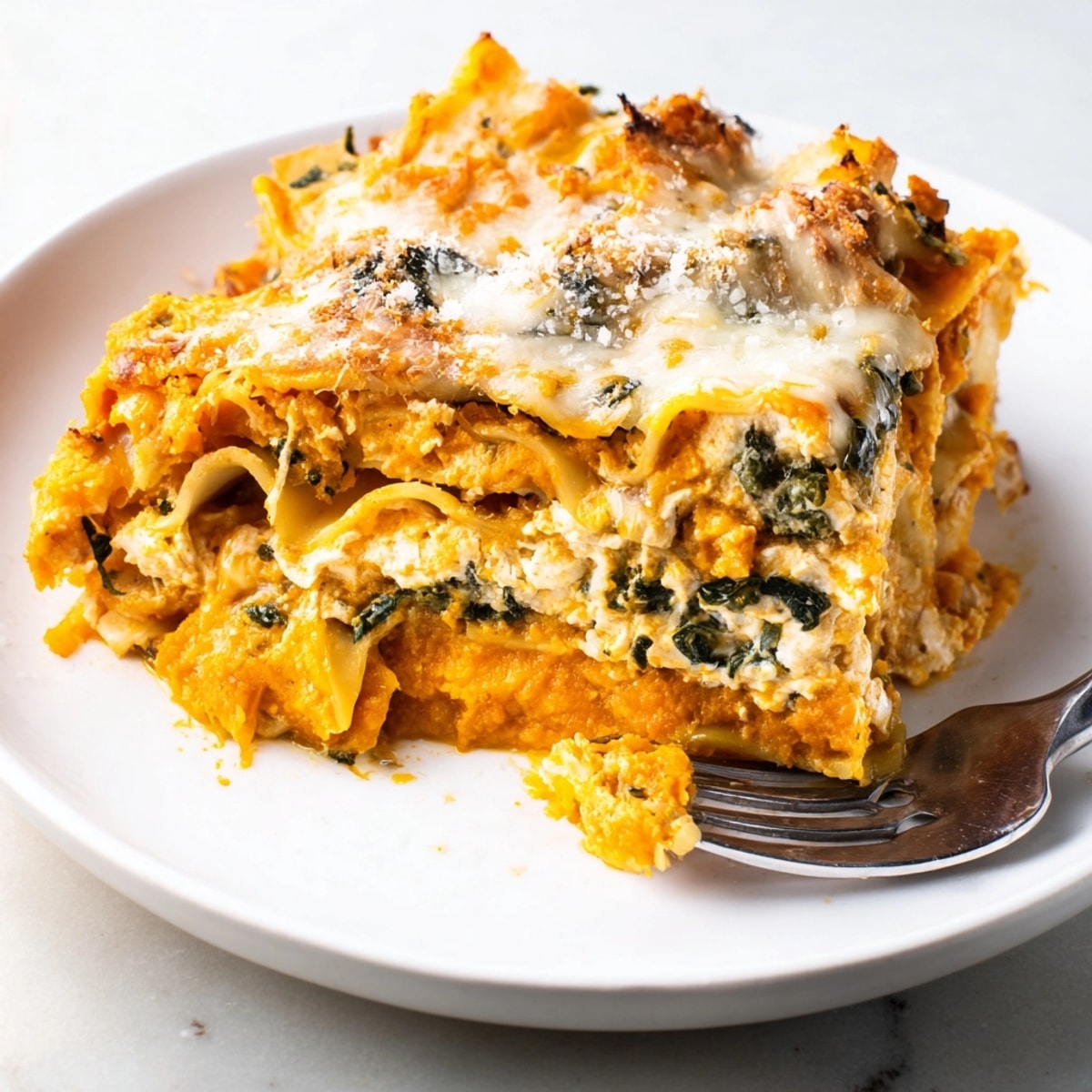 Creamy Pumpkin Lasagna with bubbling mozzarella and parmesan, a vegetarian fall comfort food.