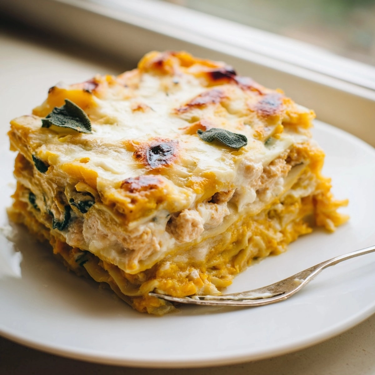 Close-up of a slice of golden Pumpkin Lasagna, soft layers and ricotta visible.
