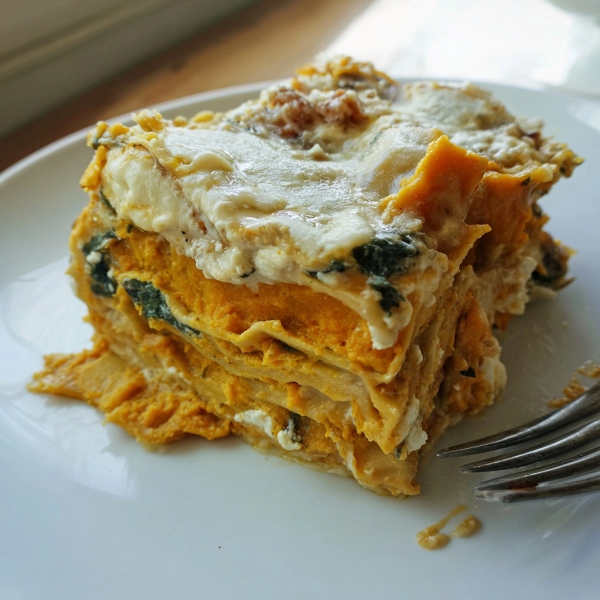 Homemade Pumpkin Lasagna, ready to bake, showcasing layers of sauce, noodles, and cheesy filling.