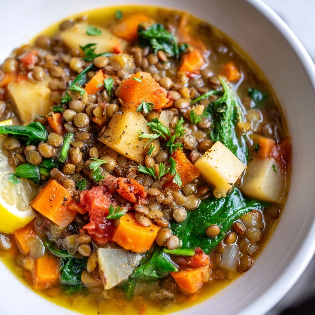 Close-up of creamy, spiced Lebanese Lentil Soup steaming in a rustic earthenware bowl.