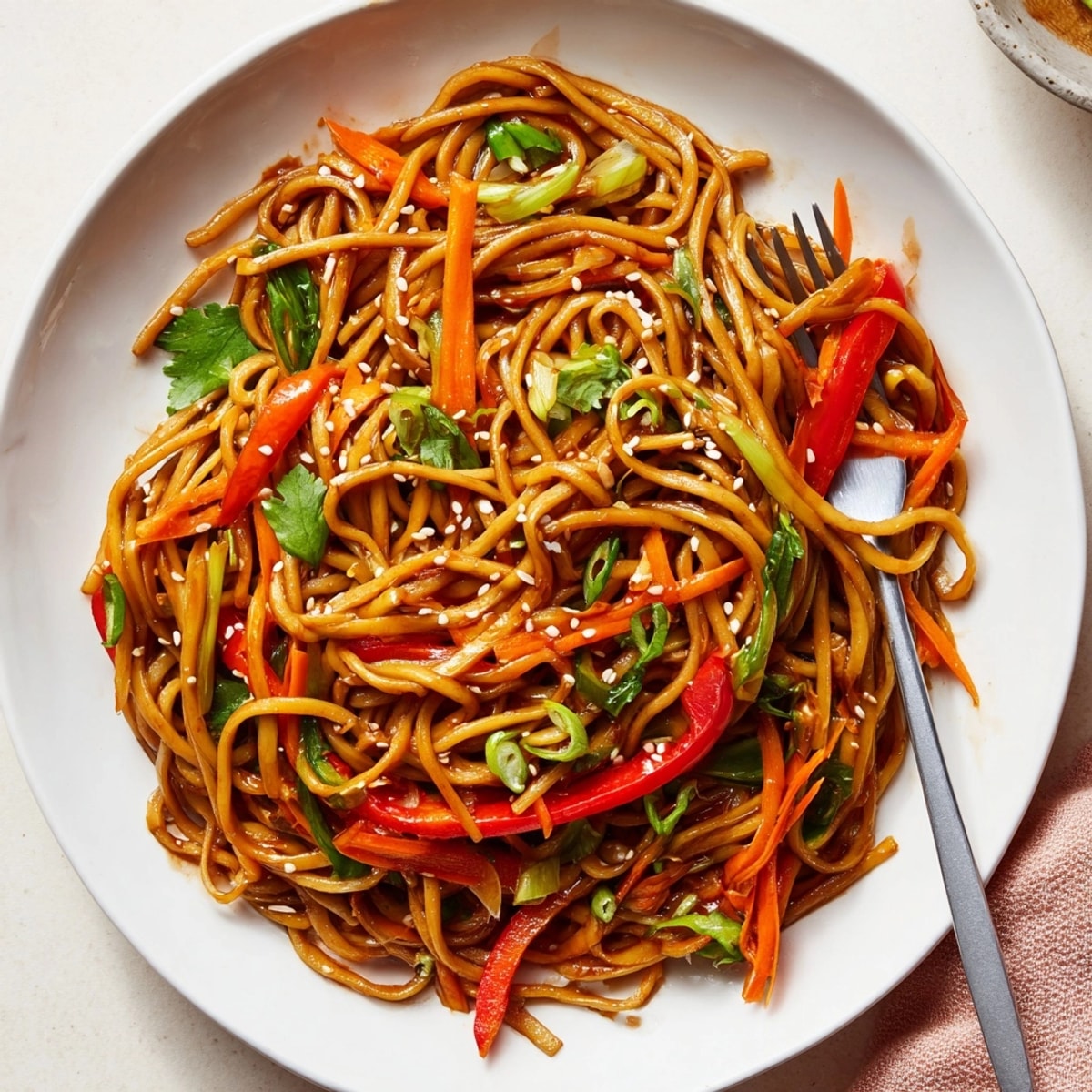 Close-up of glistening Garlic-Soy Noodles with sesame seeds, ready to be enjoyed.