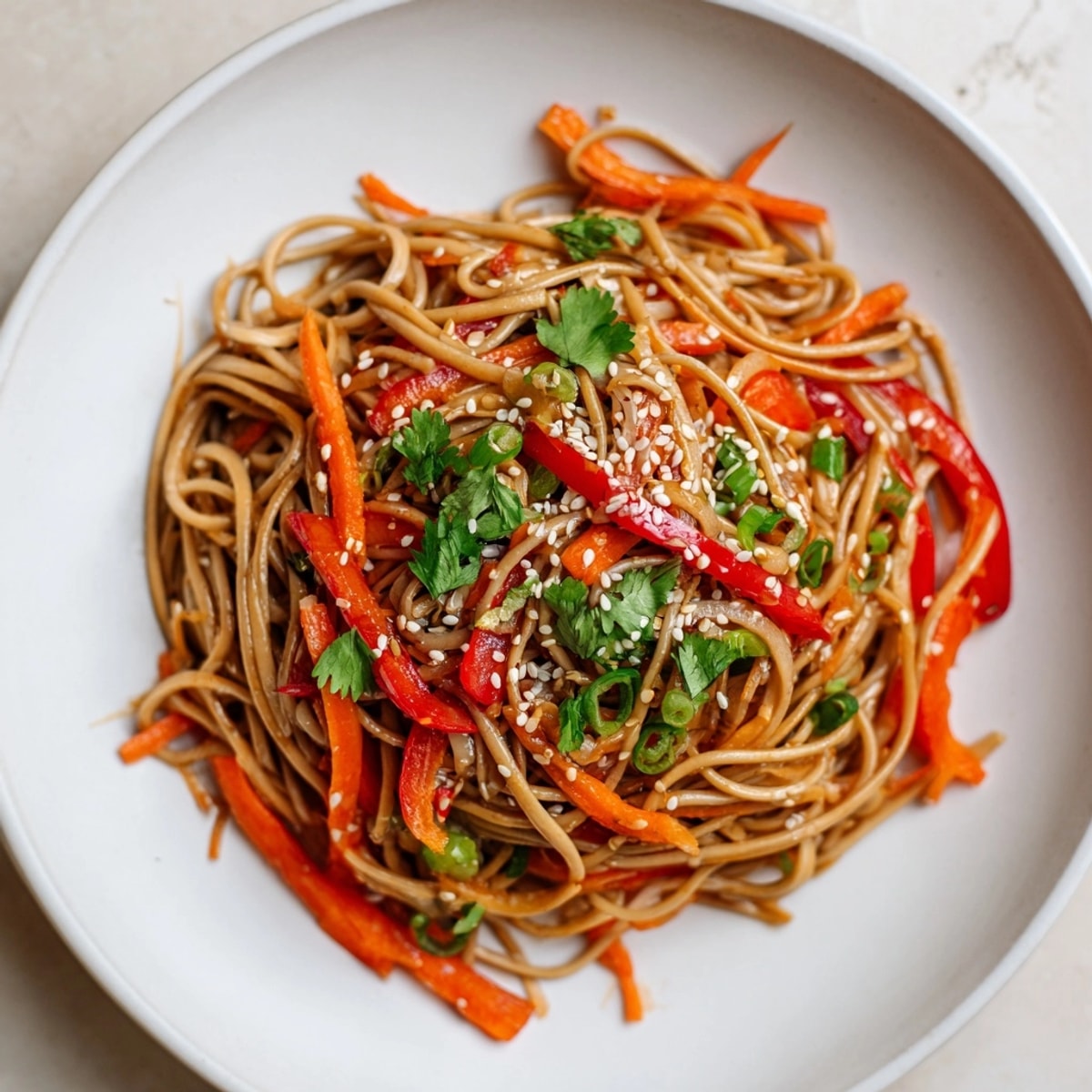 Savory Garlic-Soy Noodles in a bowl, showcasing the colorful vegetables mixed within.