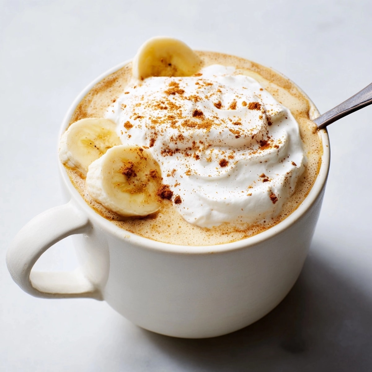 Homemade Banana Bread Latte: a steaming mug, banana slice, warming spice aroma.