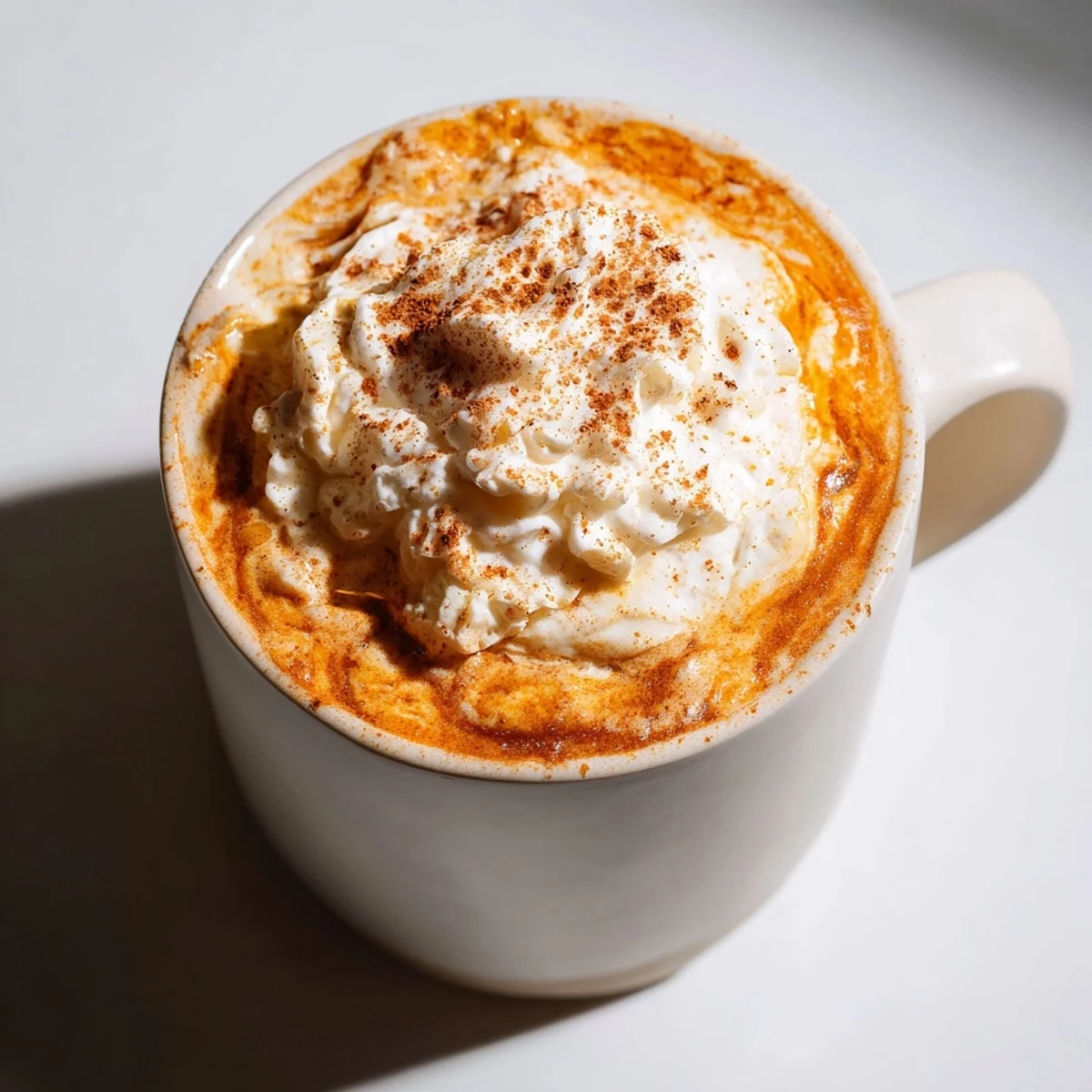 Warm, spiced pumpkin spice latte topped with whipped cream, perfect for fall flavors.