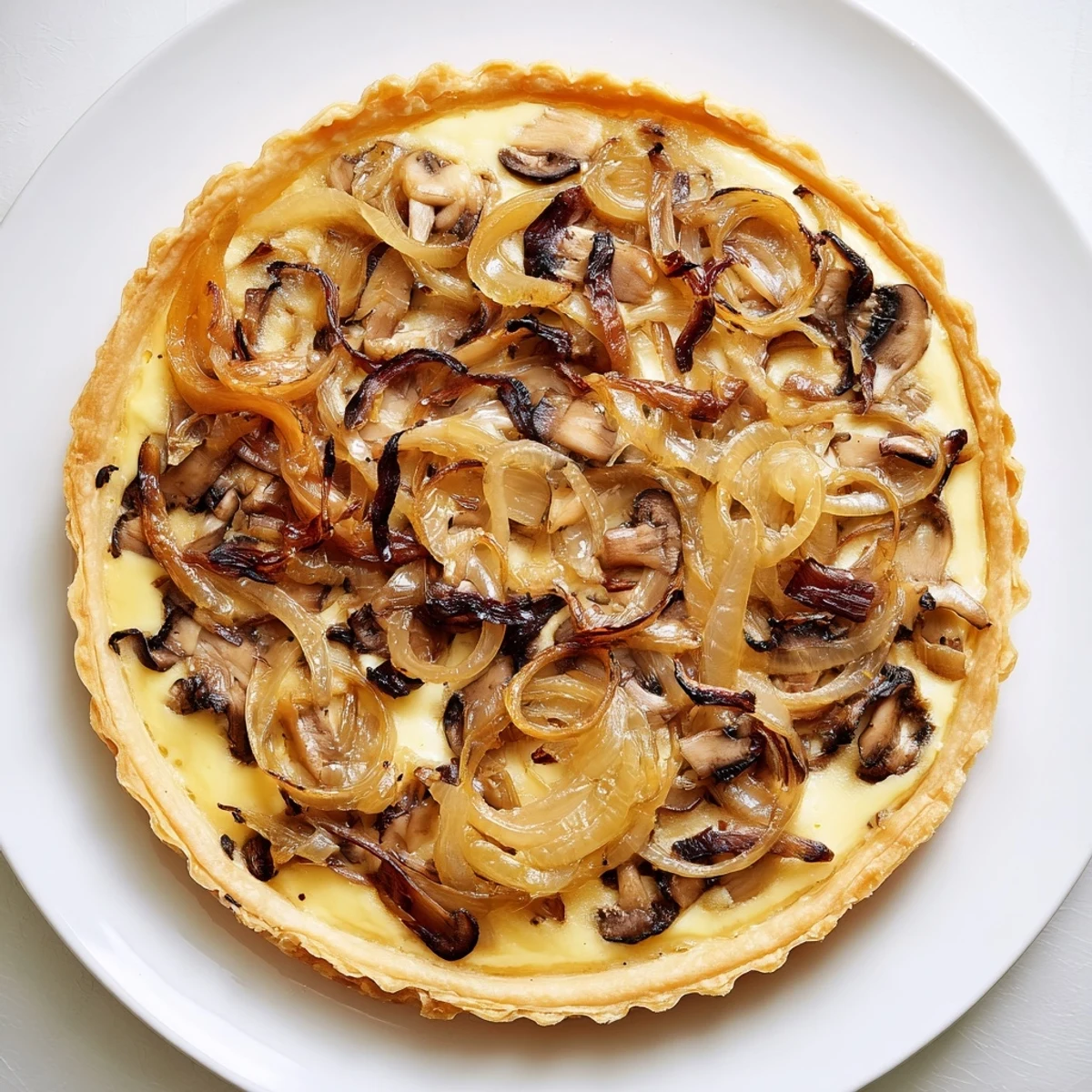 Golden caramelized onions and mushrooms atop a beautiful Caramelized Onion and Mushroom Tart, ready to serve.