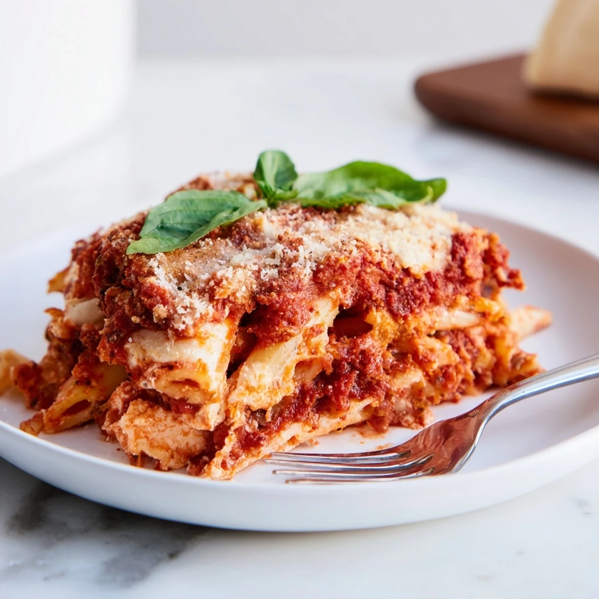 Golden, bubbly baked ziti with marinara, mozzarella pulling into strings, ready to serve alongside fresh basil.