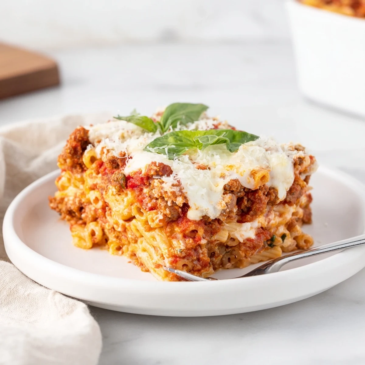 A close-up of cheesy, steaming baked ziti, showing layers of marinara, and melted mozzarella cheese.