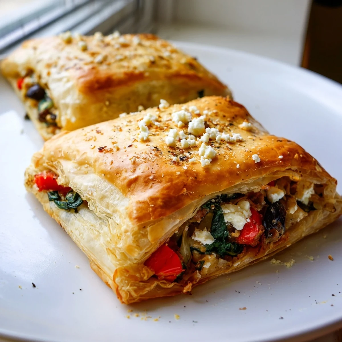Savory pastries, a golden-brown delight, showcase a flavorful vegetable and cheese filling inside.