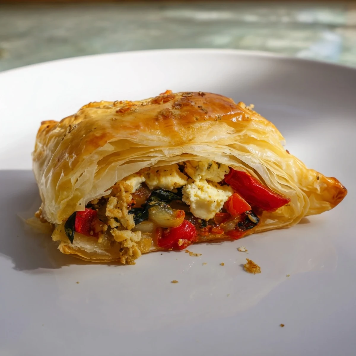 Freshly baked savory pastry parcels, golden and flaky with visible filling, ready to serve and enjoy.