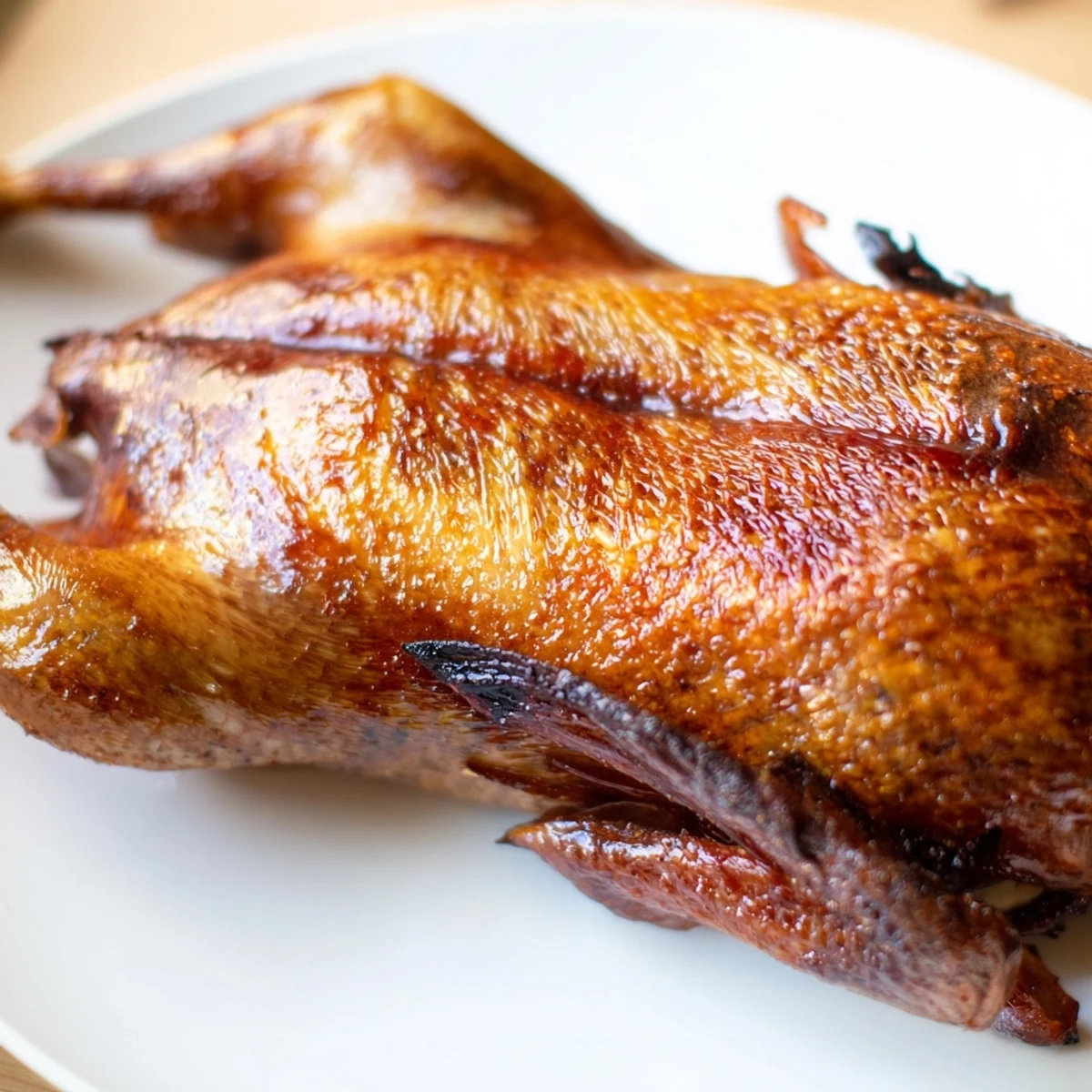 Golden-brown crispy duck, glazed and glistening, ready for carving and enjoying this savory meal.