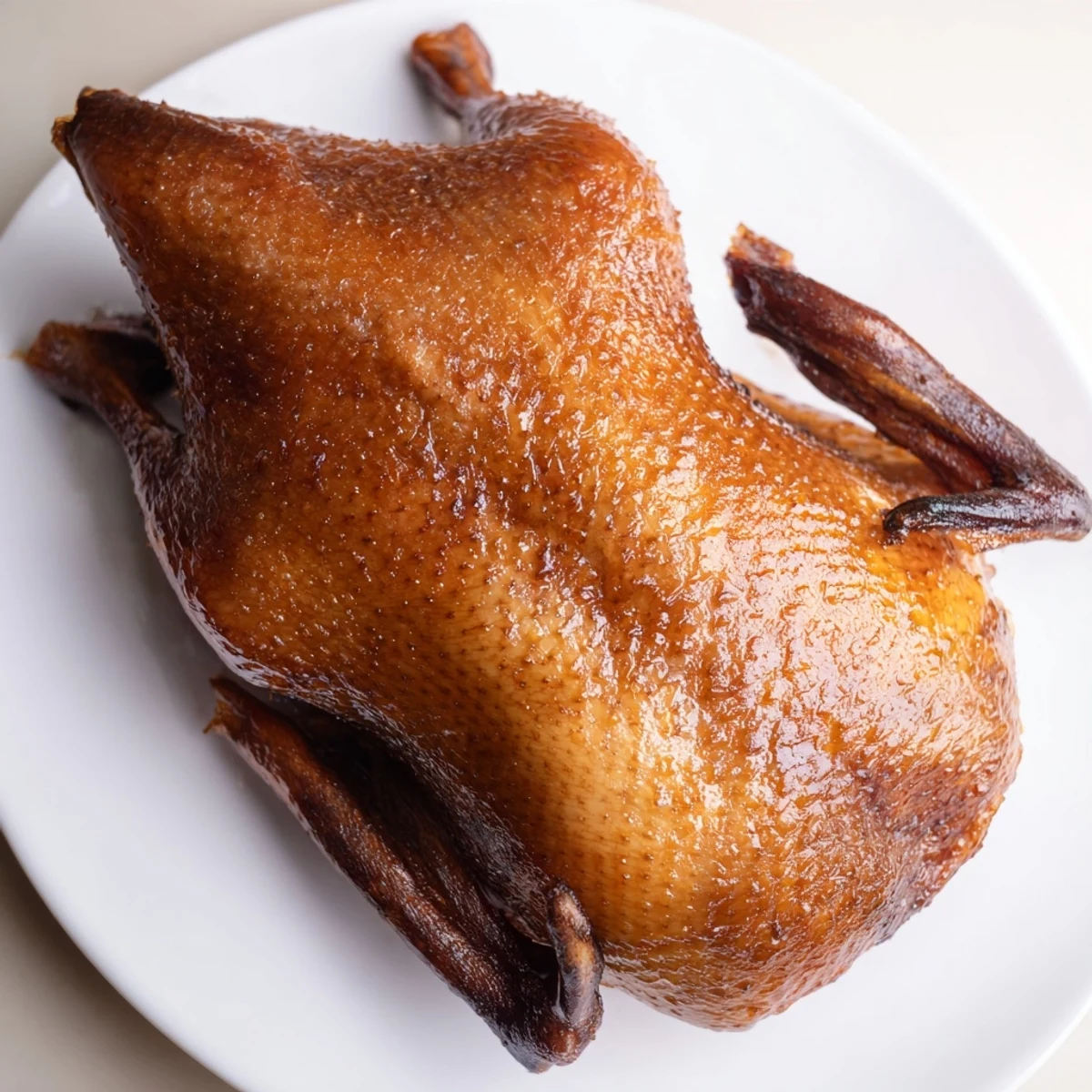 A close-up shot of a perfectly roasted crispy duck with crackling skin, ideal for dinner.