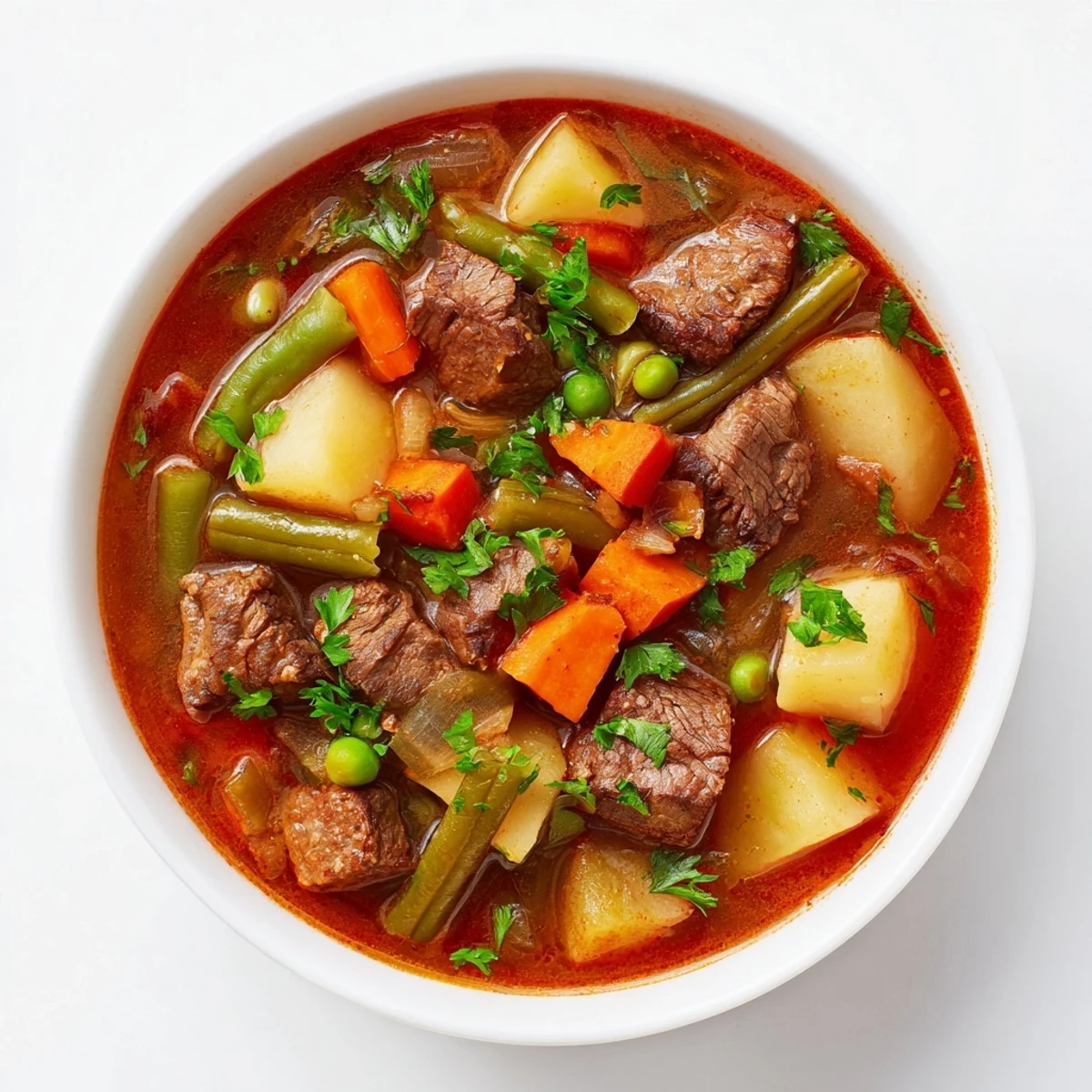 Hearty beef soup simmering with herbs, featuring chunks of beef and root vegetables for a filling meal.