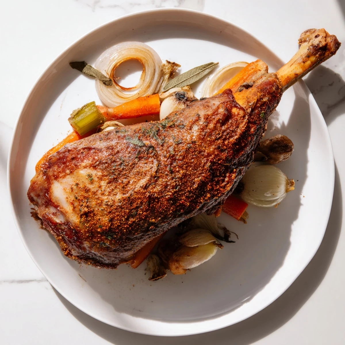 Slow roasted turkey legs with wonderfully crispy skin, ready for a delicious American dinner.