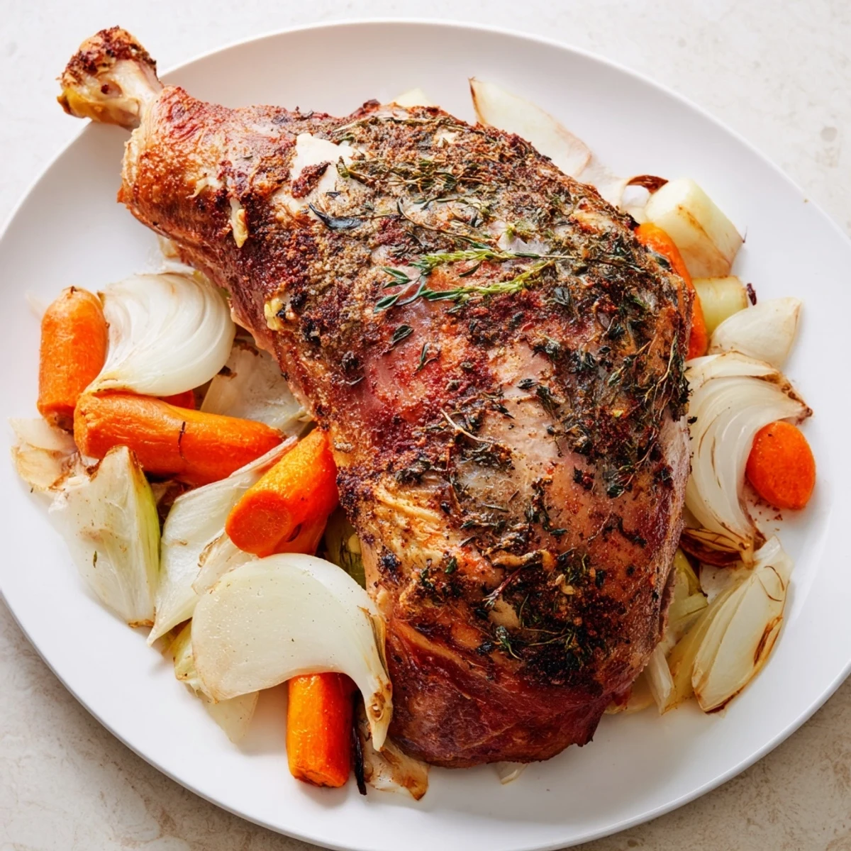 Golden brown slow roasted turkey legs with tender meat and flavorful herbs, a classic dish.