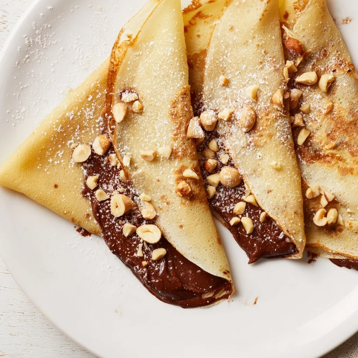 Golden-brown Chocolate Hazelnut Spread Crepes folded and ready, dusted with powdered sugar and inviting.