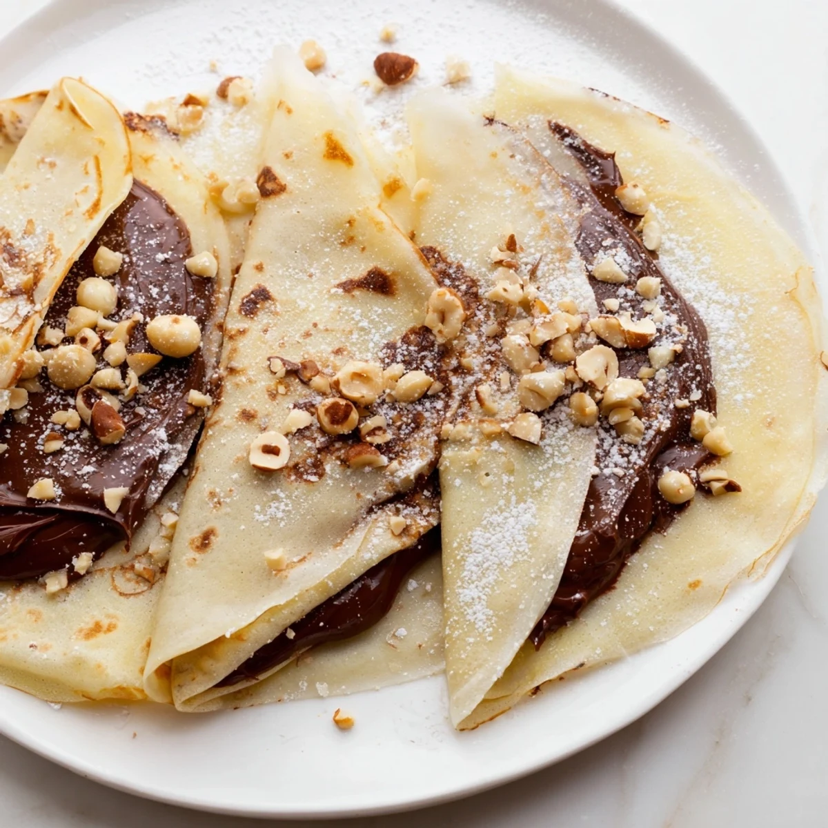 Warm, thin French Chocolate Hazelnut Spread Crepes drizzled with chocolate, an irresistible dessert idea.