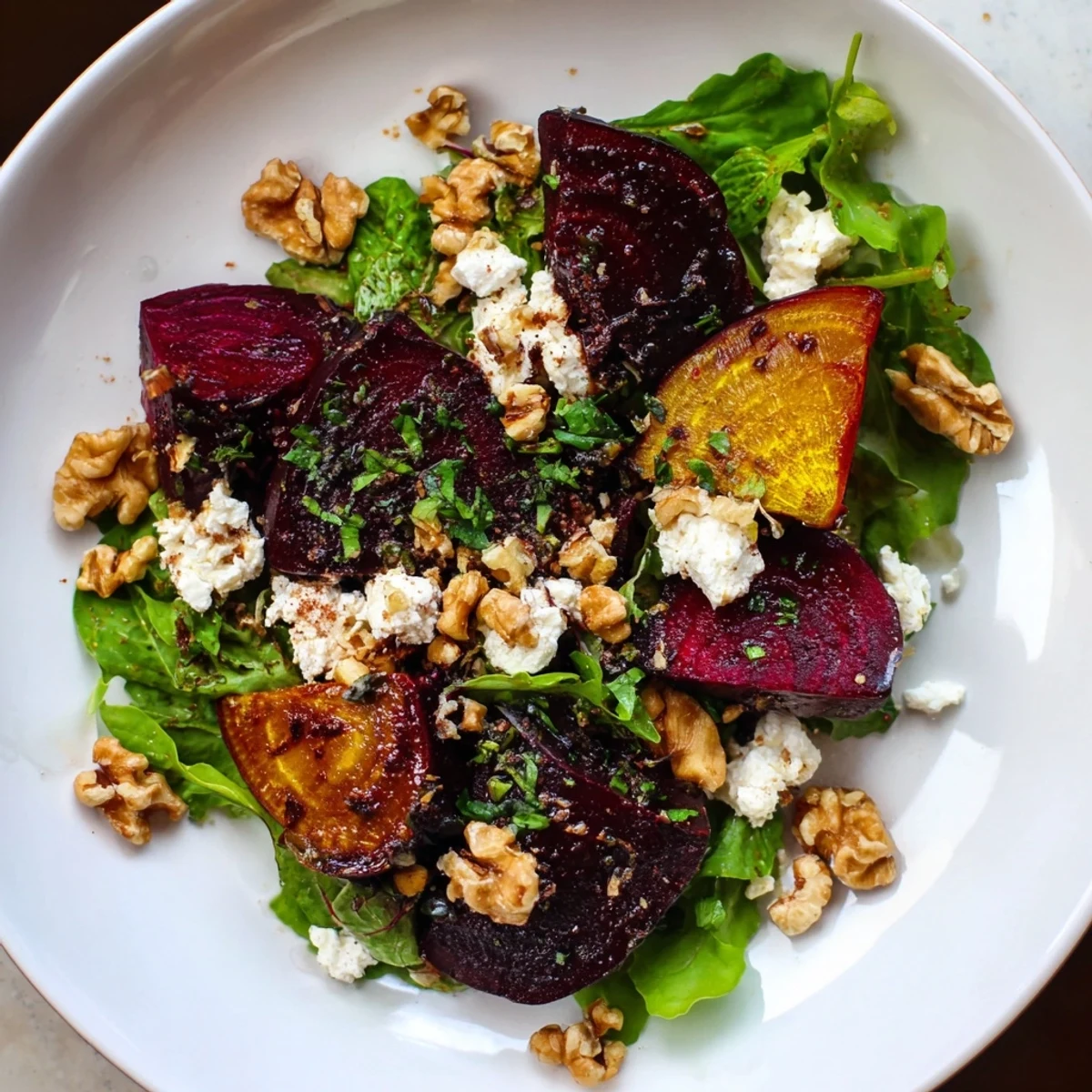 Bright red beet slices and crumbled goat cheese create a delightful Roasted Beet and Goat Cheese Salad.